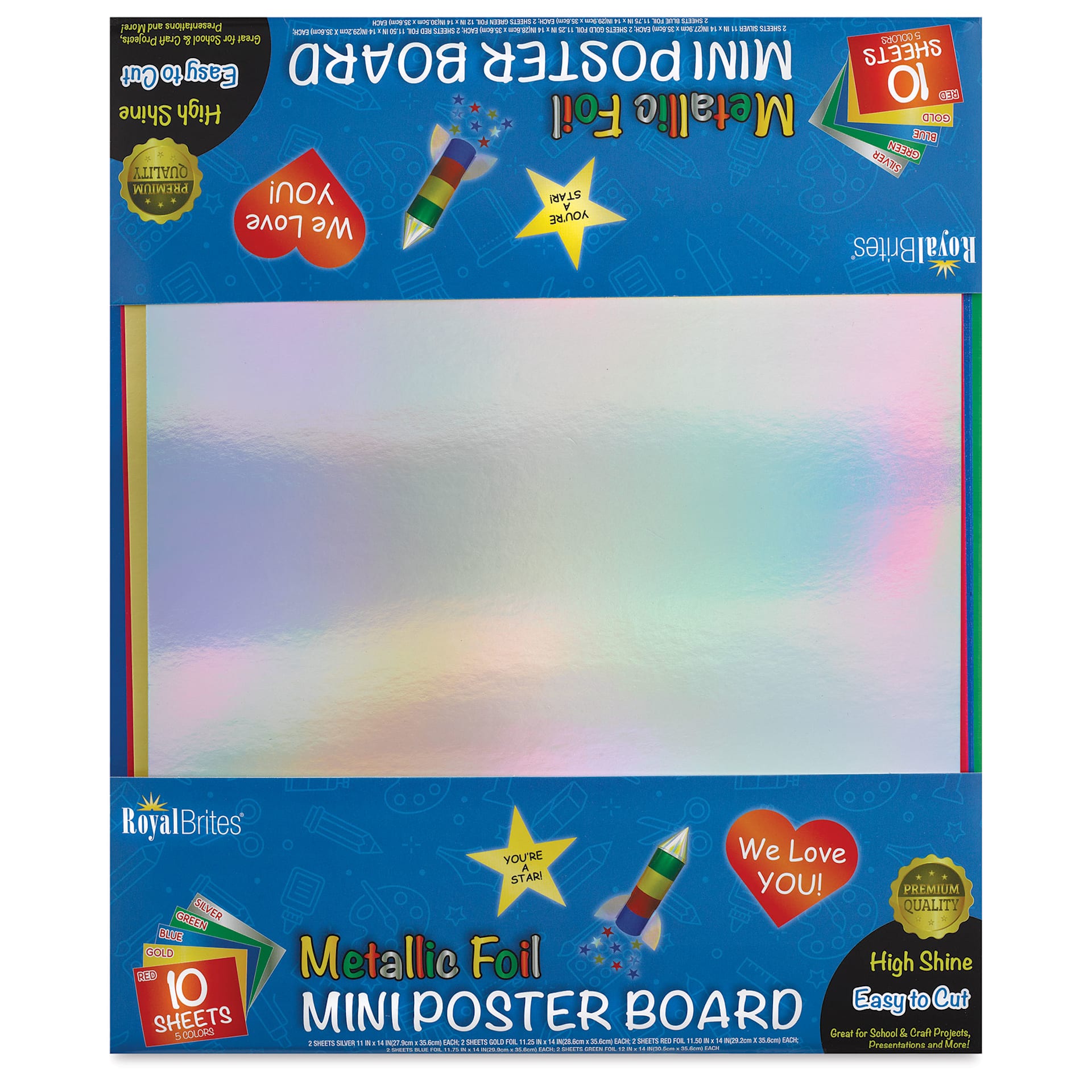 Royal Brites Metallic Foil Mini Poster Board - 12" x 14", Assorted, Pkg of 10 Sheets front of packaging