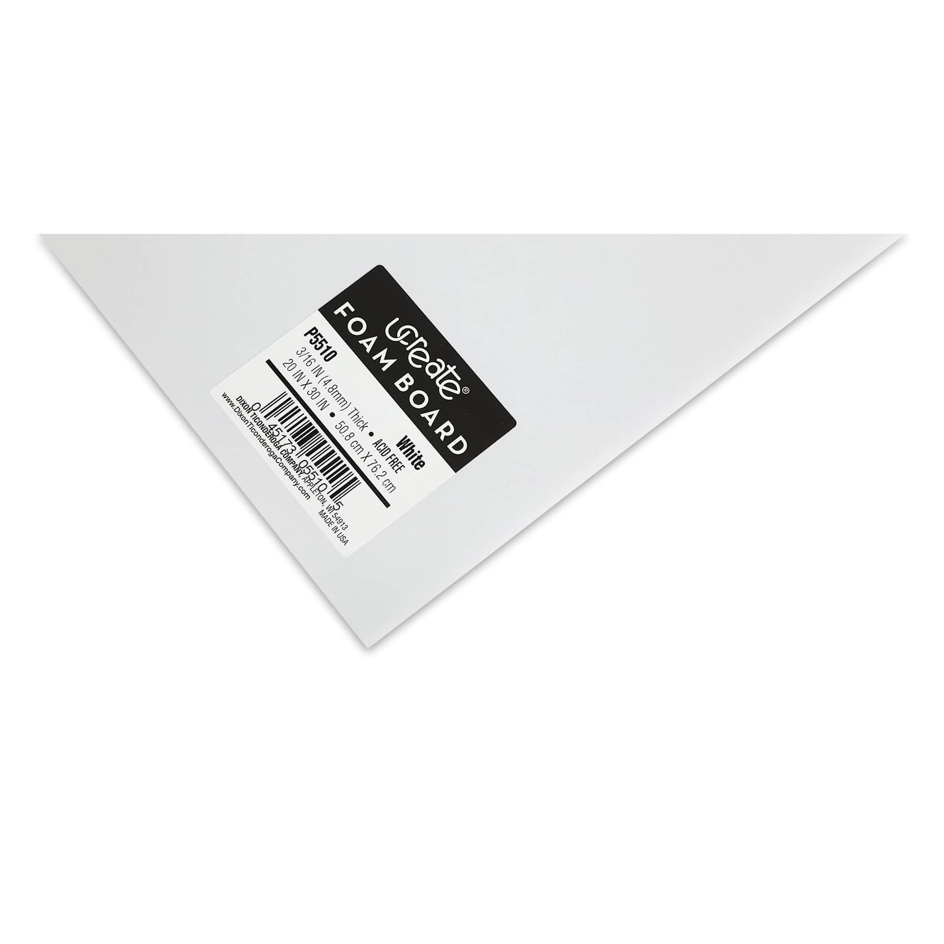 Pacon Ucreate White Foam Boards - 20" x 30", 3/16", Pkg of 10, close-up of label on corner