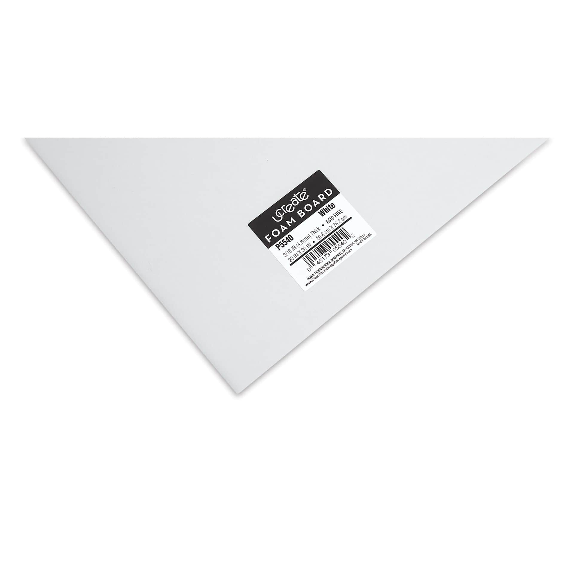 Pacon Ucreate White Foam Boards - 20" x 30", 3/16", Pkg of 25, close-up of label on corner of board