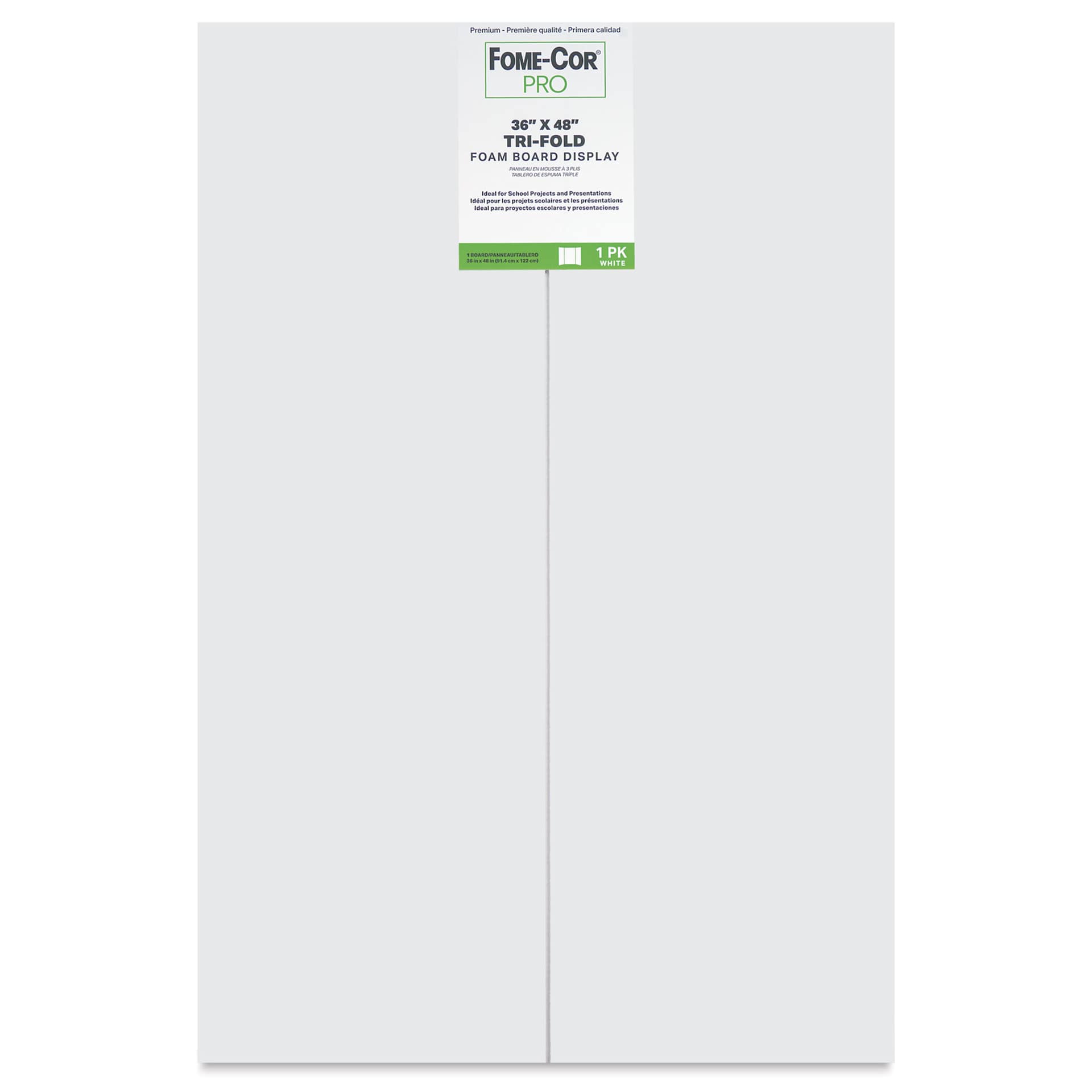 Fome-Cor Pro Folding Foam Pres Board - Tri-Fold, White, 36" x 48" x 3/16", front of packaging