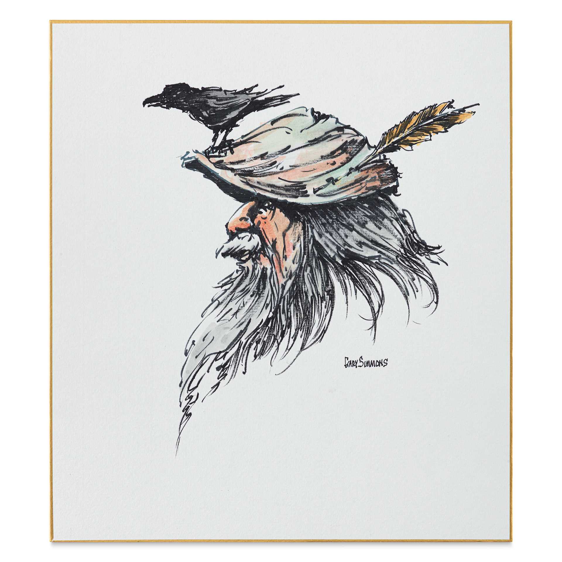Aitoh Gasen Paper Shikishi Boards - 9-1/2" x 10-3/4", Pkg of 50, front of board, artwork of a man with a bird on his cap