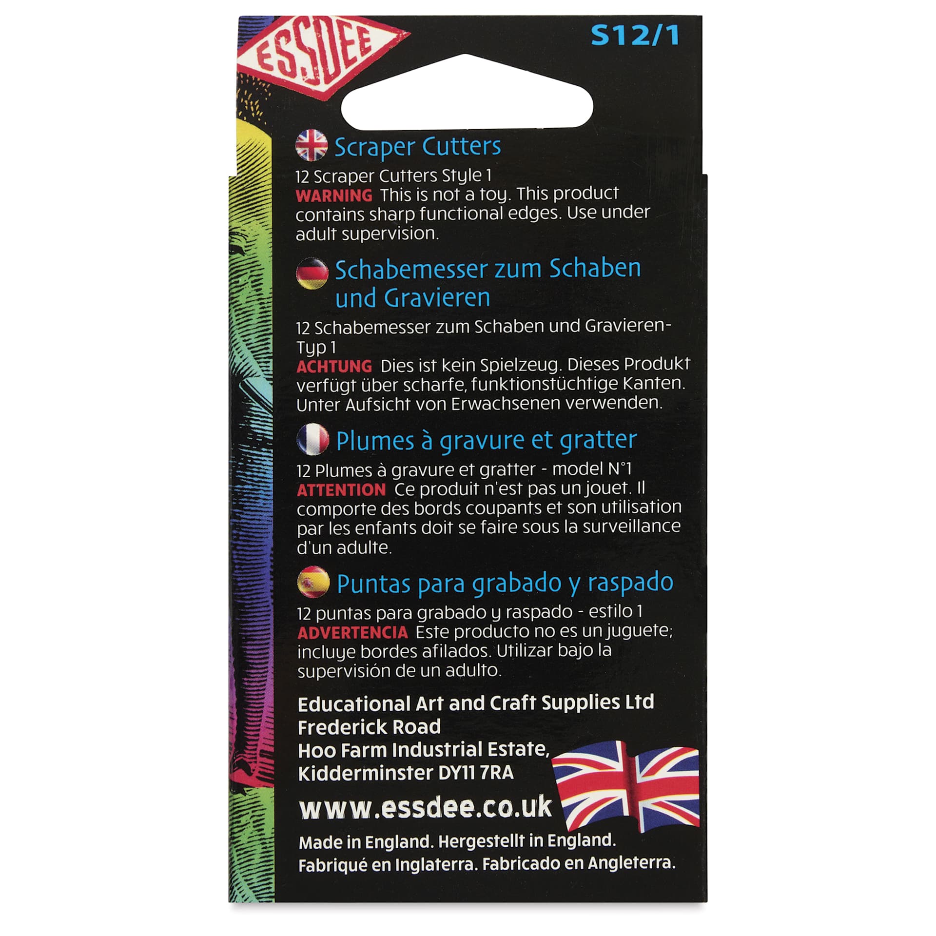 Essdee Scratchboard Scraper Cutters - Style 1, Pkg of 12 - back of packaging