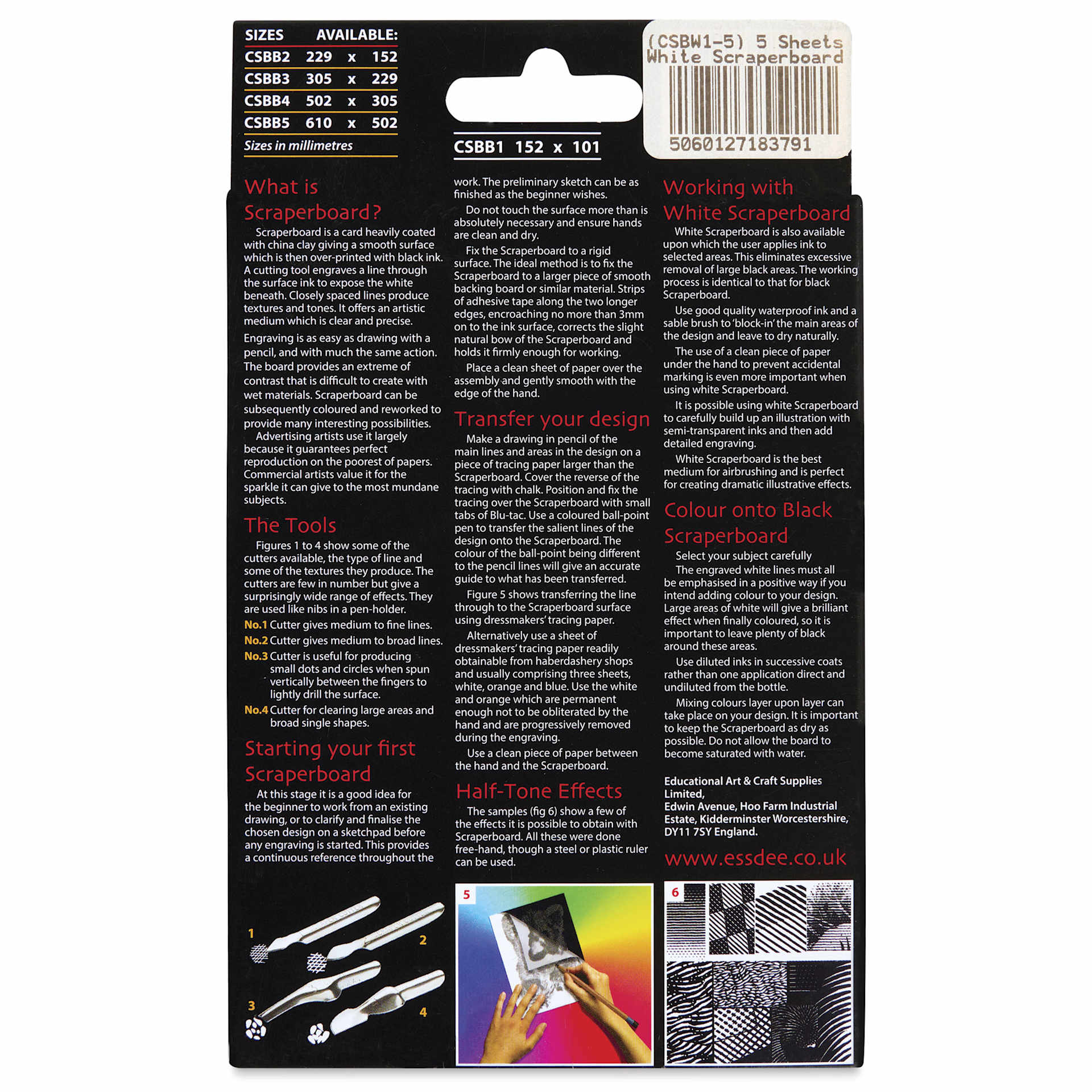 Essdee Scraperboard - Pkg of 5, 4" x 6", White, Un-Inked - back of packaging