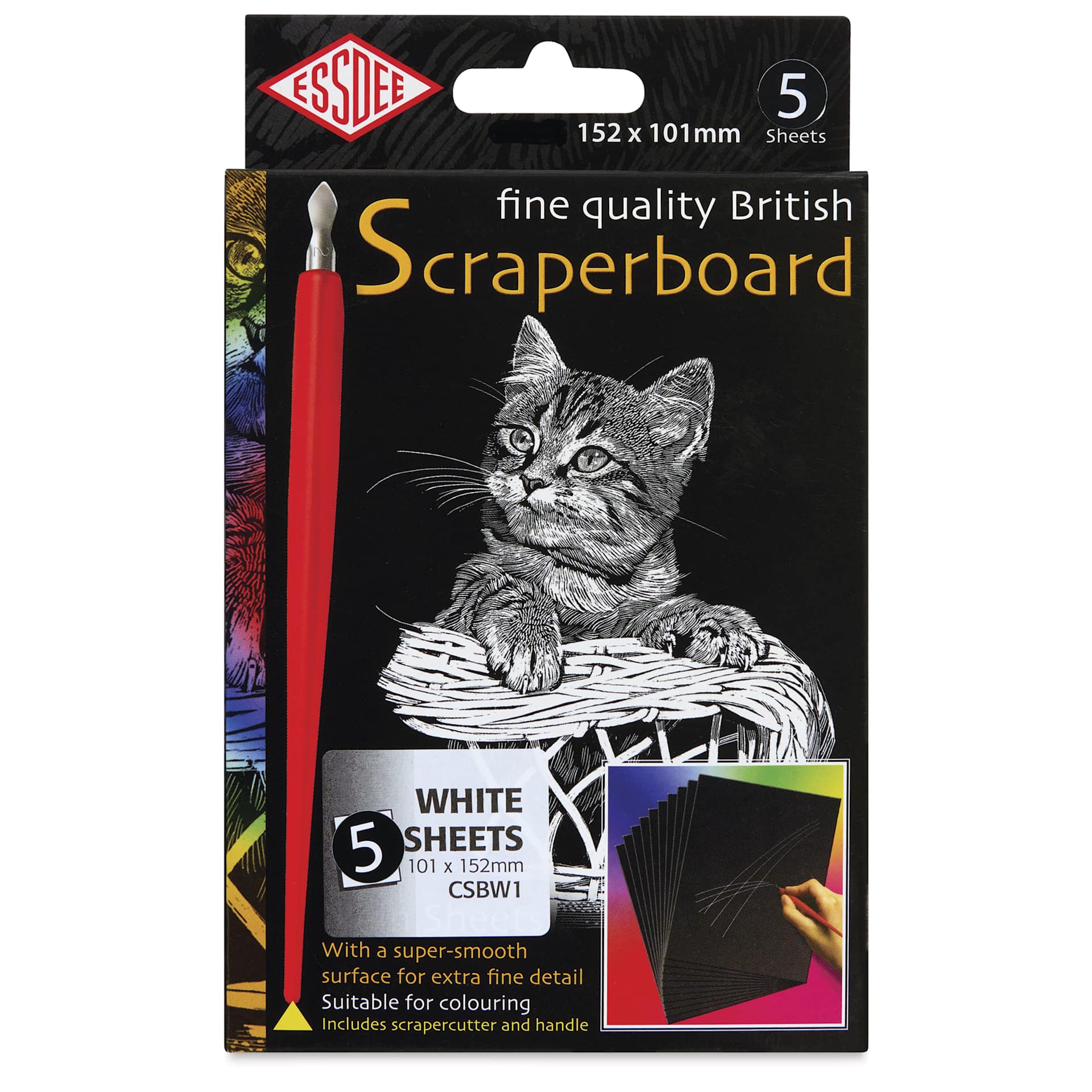 Essdee Scraperboard - Pkg of 5, 4" x 6", White, Un-Inked - front of packaging