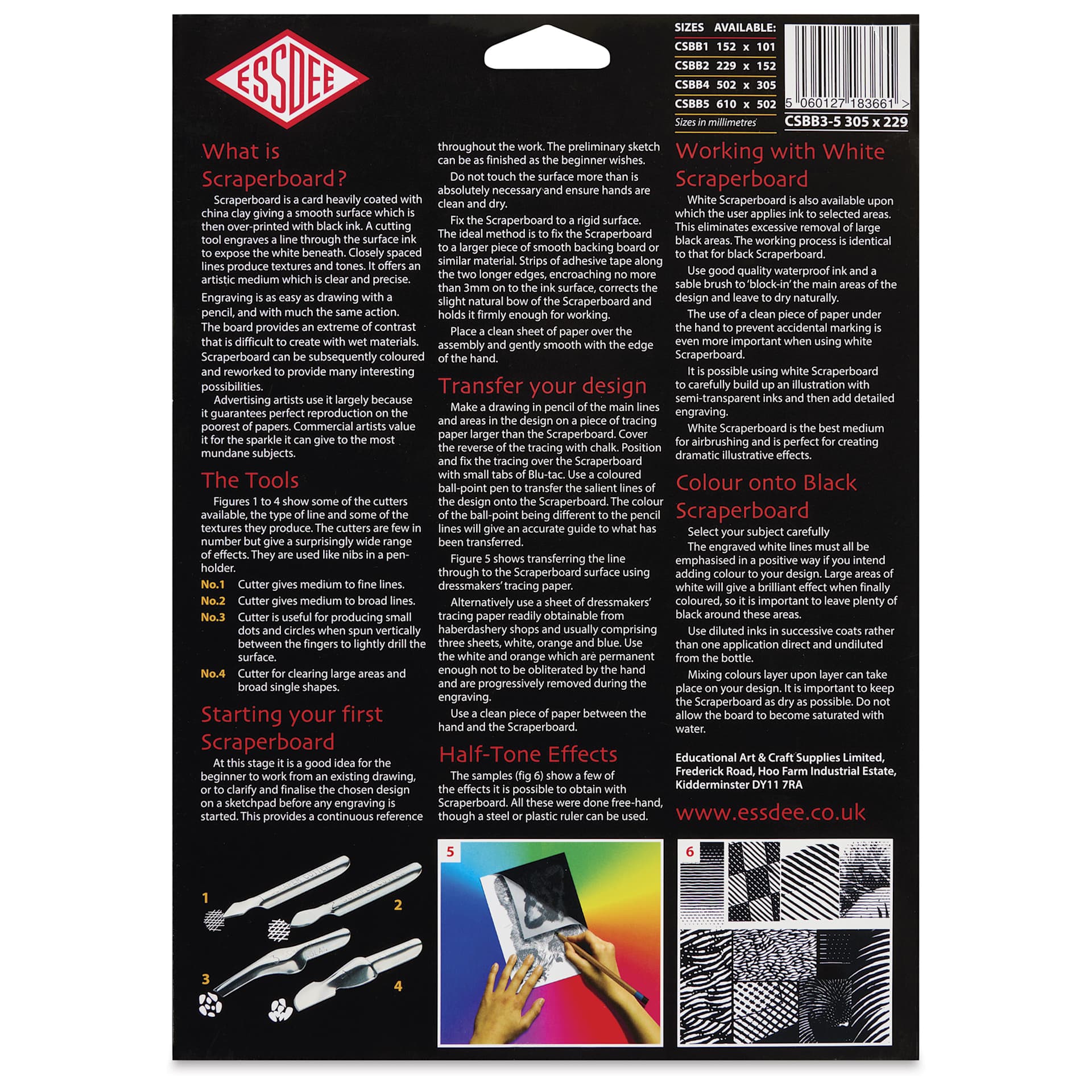 Essdee Black Pre-Inked Scraperboard - Pkg of 5, 9" x 12" - back of packaging