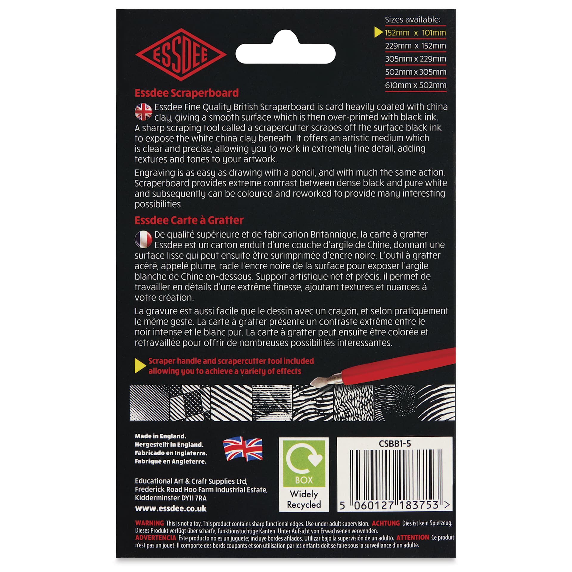 Essdee Black Pre-Inked Scraperboard - Pkg of 5, 4" x 6" - back of packaging