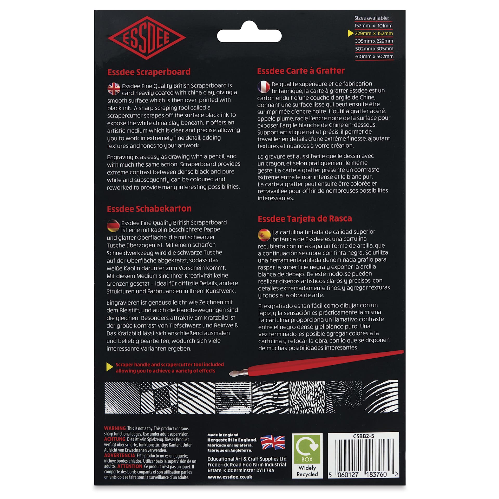 Essdee Black Pre-Inked Scraperboard - Pkg of 5, 6" x 9" - back of packaging
