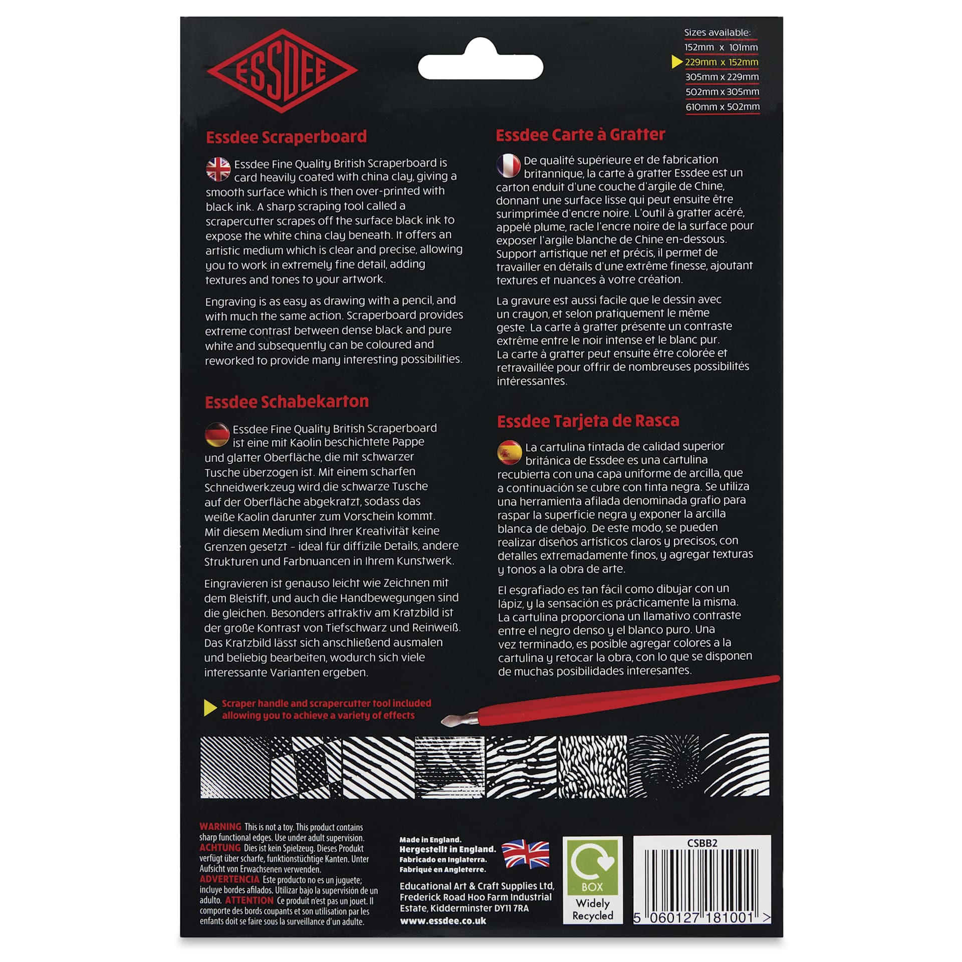 Essdee Black Pre-Inked Scraperboard - Pkg of 10, 6" x 9" - back of packaging