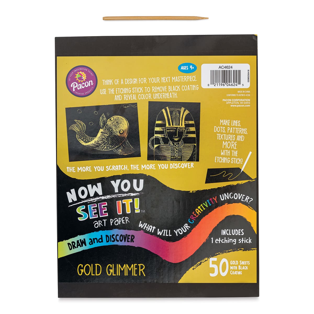 Now You See It Scratch and Reveal Art Paper - Gold Glimmer, Pkg of 50 Sheets, front of the packaging and etching stick