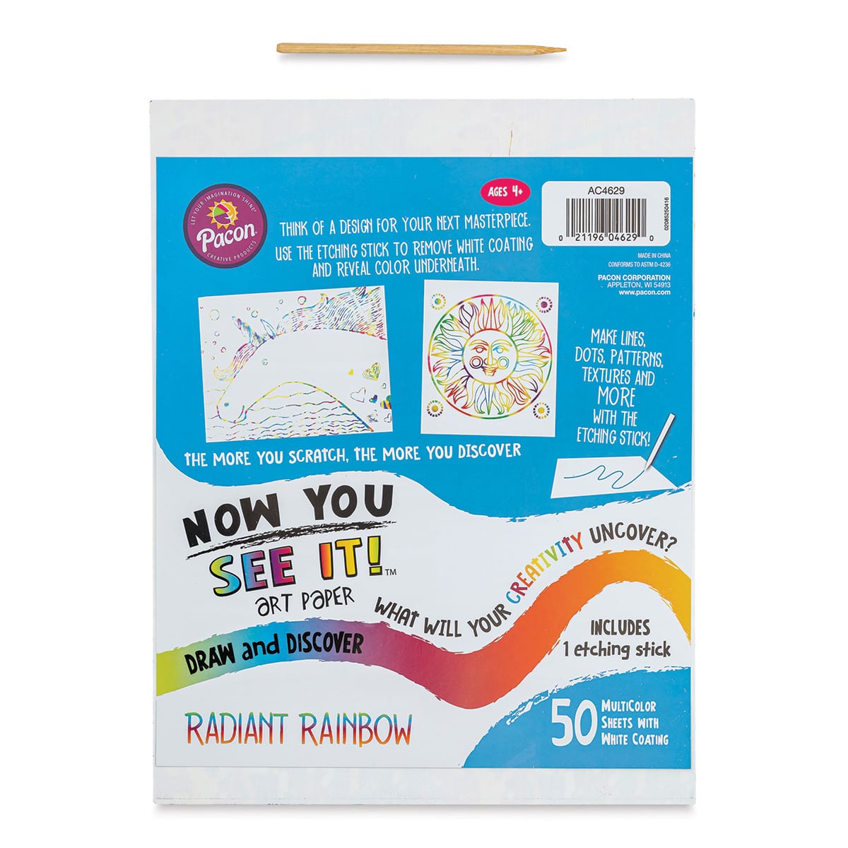 Now You See It Scratch and Reveal Art Paper - Radiant Rainbow, Pkg of 50 Sheets, front of the packaging and etching stick
