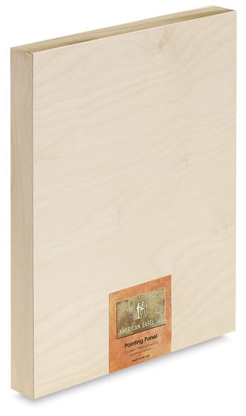 American Easel Wood Painting Panels - Angled view of 12" x 16" Deep Profile panel with label