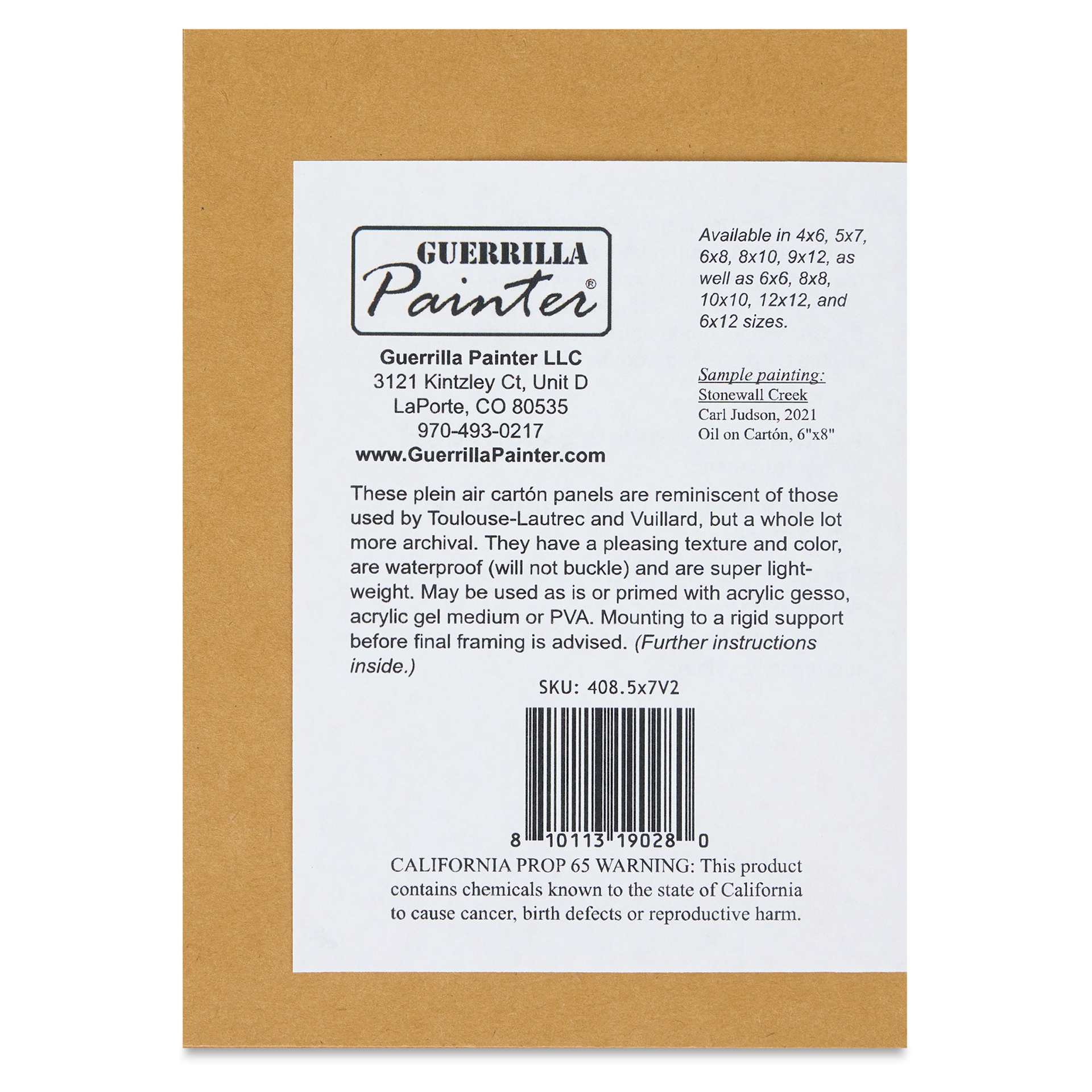 Guerrilla Painter Carton Plein Air Panel Pack - 5" x 7" x 1/32", Pkg of 6 back of packaging