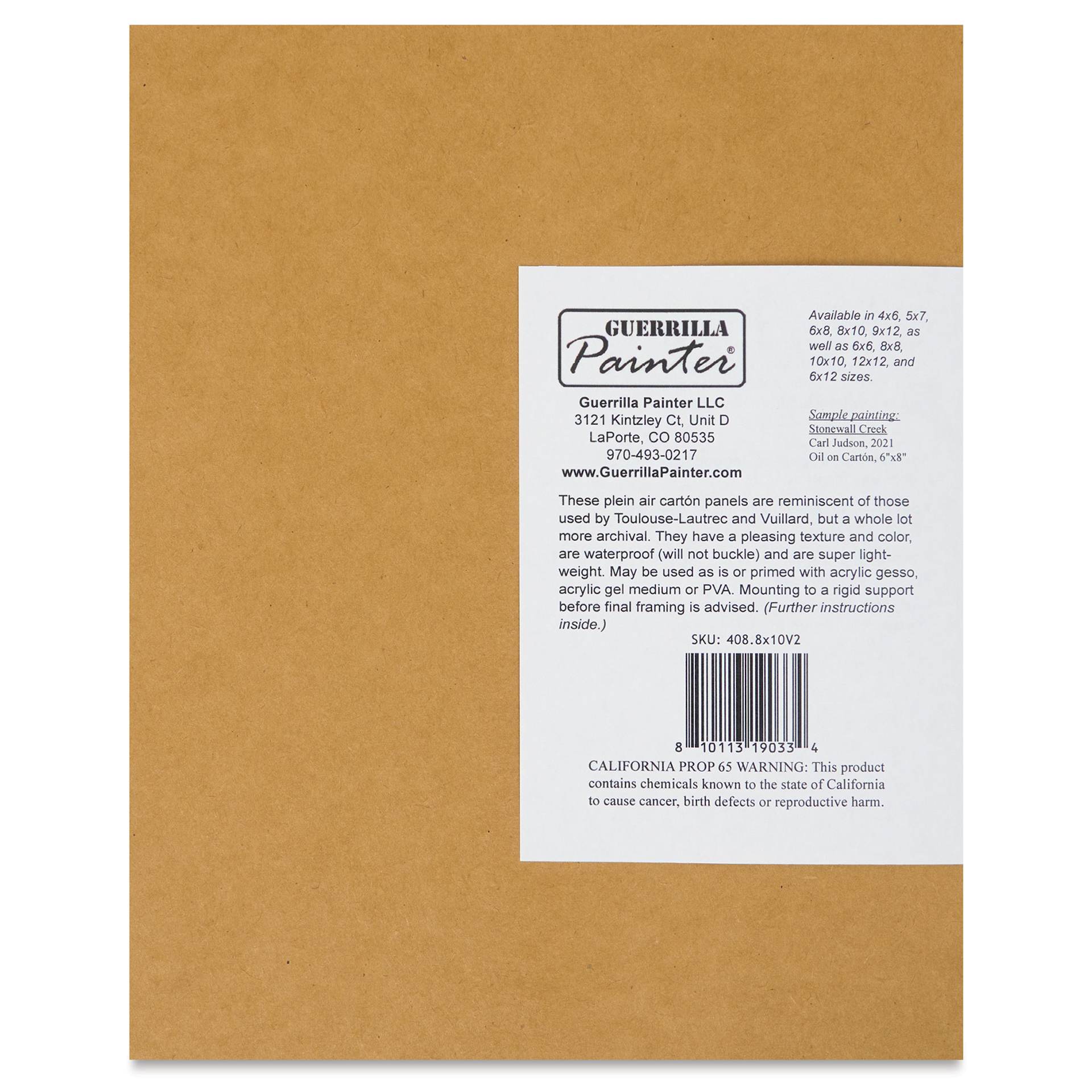 Guerrilla Painter Carton Plein Air Panel Pack - 8" x 10" x 1/32", Pkg of 6 back of packaging