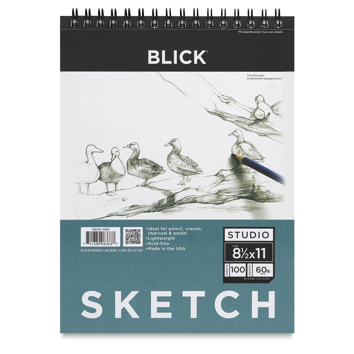 Blick Studio Sketch Pad- 8 1/2" x 11" 100 Sheets. Front of pad, wirebound at top.
Blick Studio Sketch Pad- 8 1/2" x 11" 100 Sheets. Front of pad, wirebound at top.