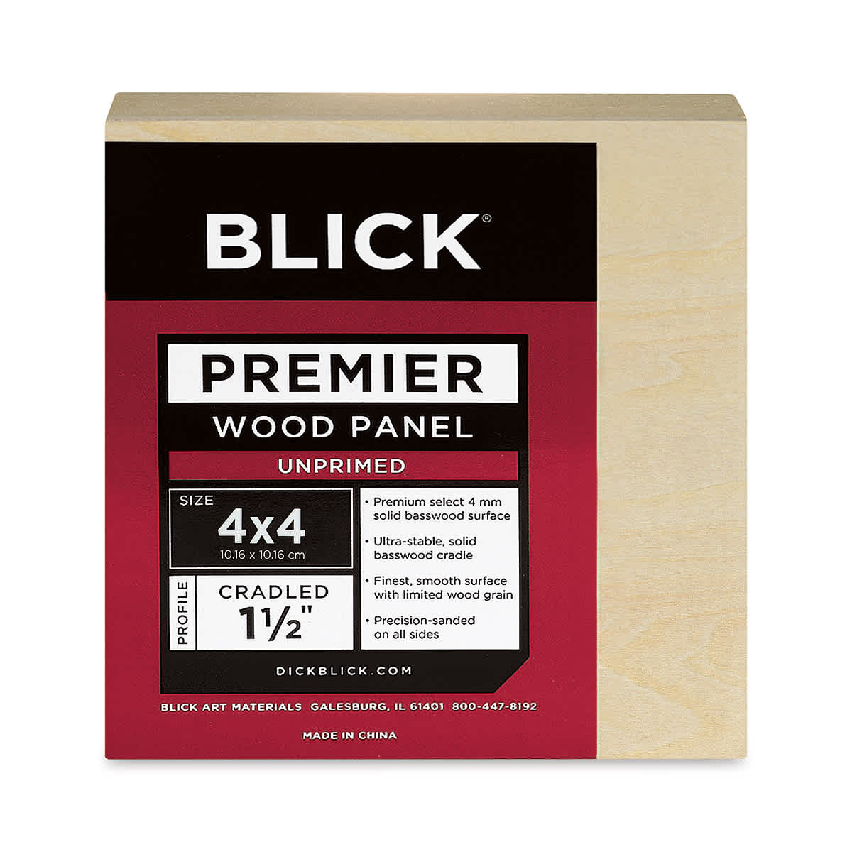 Blick Premier Wood Panel - 4'' x 4'', 1-1/2'' Gallery Profile, Cradled (front)