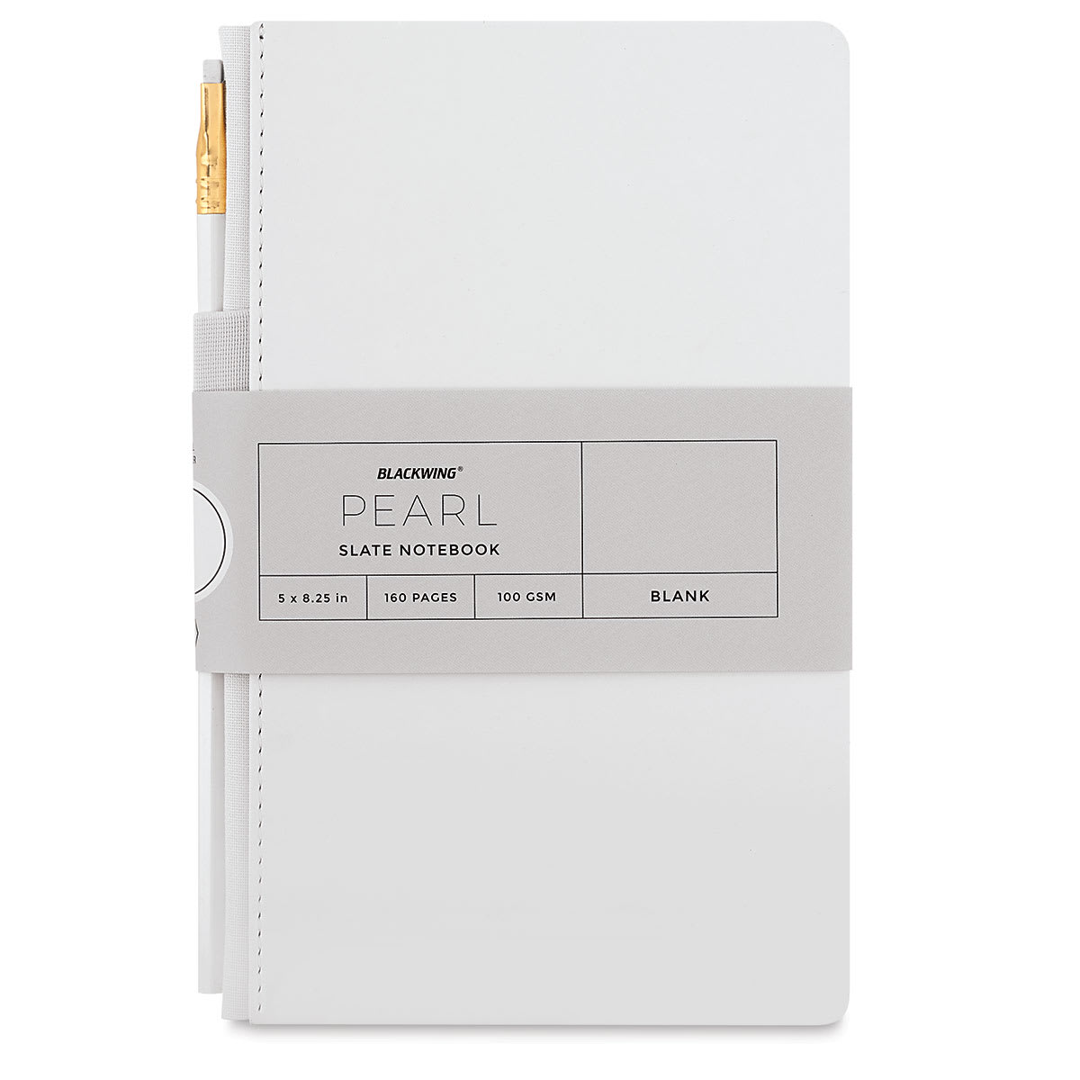 Blackwing Slate Notebooks - Front view of packaged blank Pearl notebook with pencil