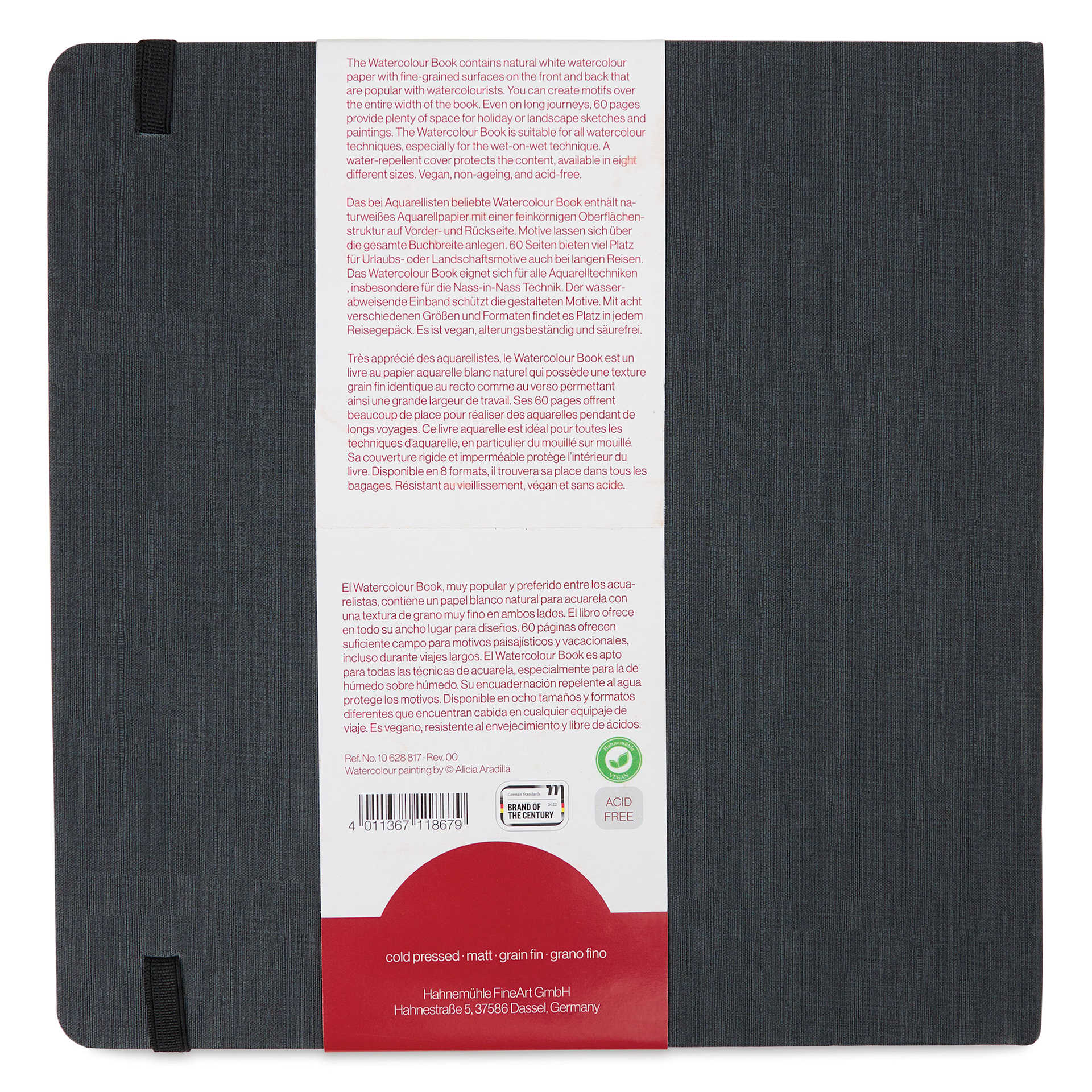 Hahnemühle Akademie Aquarell Watercolor Book - 7-1/2" x 7-1/2", back of the packaging