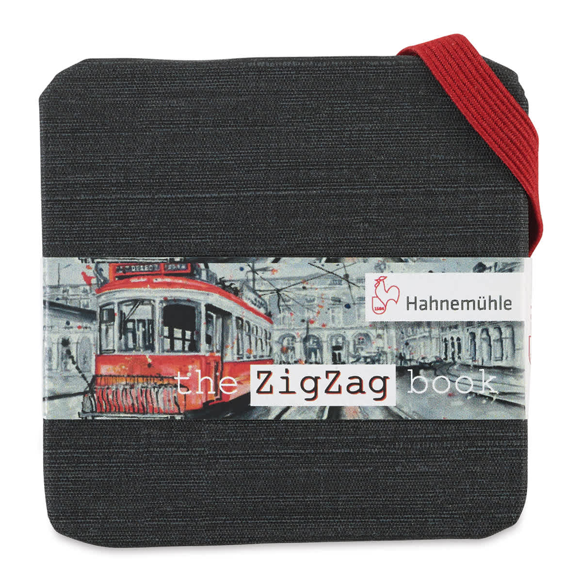 The ZigZag Book - Front view of 1.9" square book closed with red elastic closure