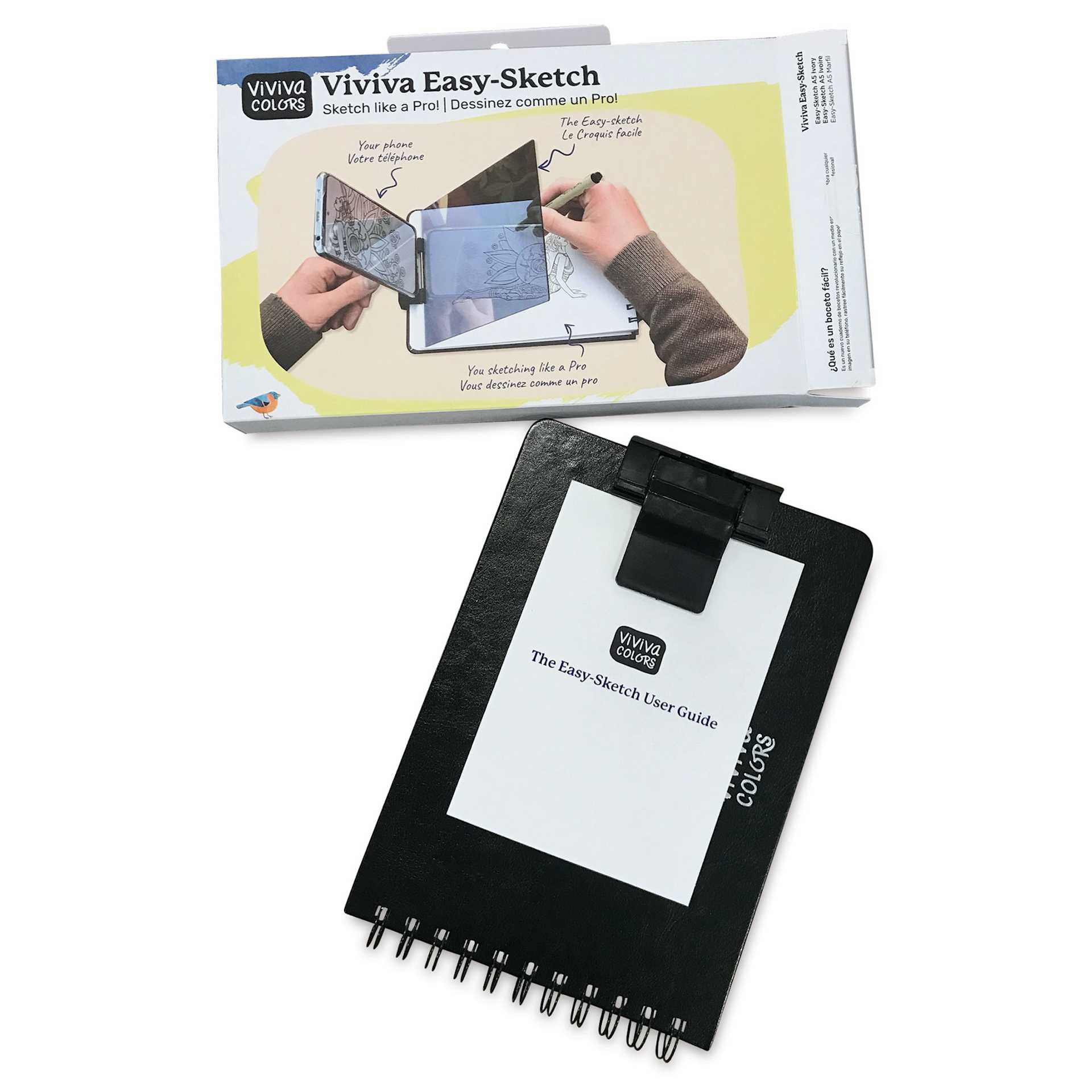 Viviva Easy Sketchbook Set, front of the packaging and sketchbook laid out