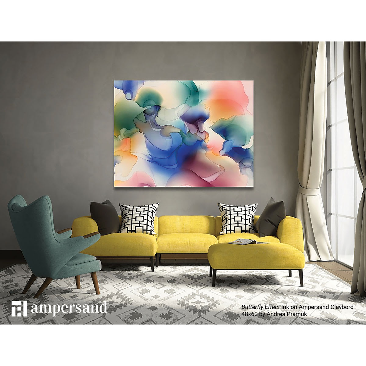 Ampersand Claybord - Large painting titled "Butterfly Effect" by Andrea Pramuk, in room setting