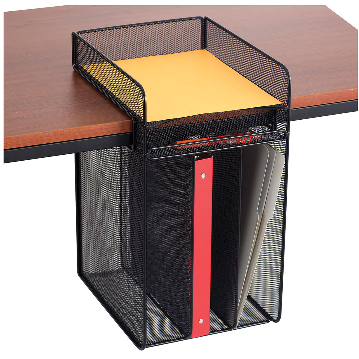 Hanging Desk Organizers - Version with 1 Tray aboce and 3 Vertical sections below desk