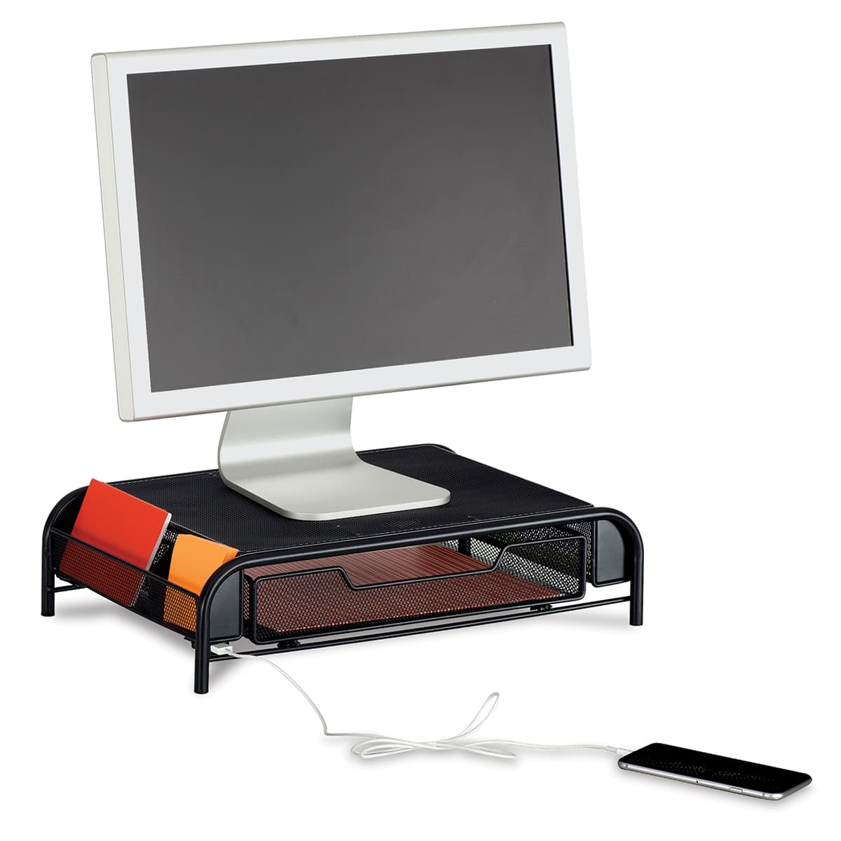 Powered Onyx Desk Organizers - Angled view of Monitor Stand with side pockets and drawer