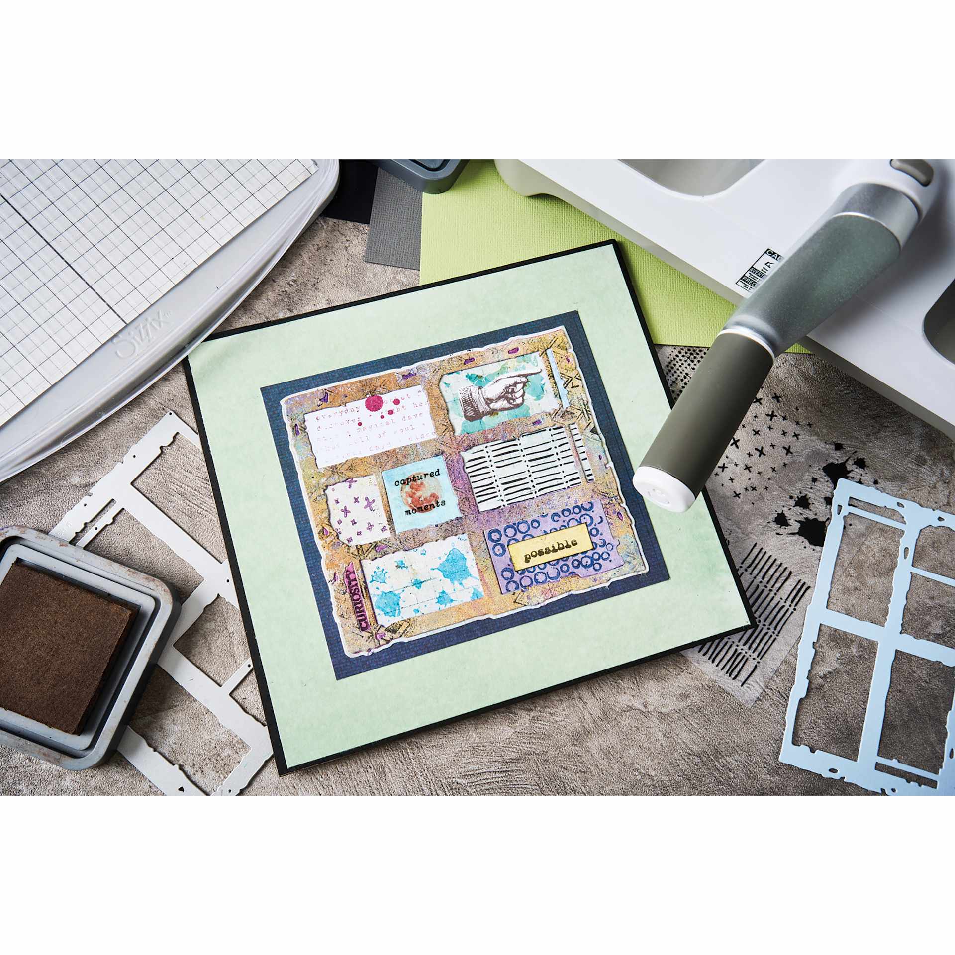 Sizzix Thinlits Dies - Set of 8, Viewfinder by Seth Apter showing completed projects