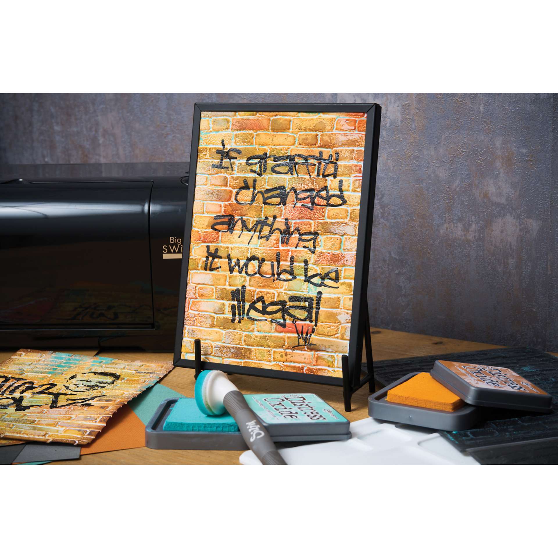 Sizzix 3-D Texture Fades Embossing Folder - Brickwork applied to framed illustration project