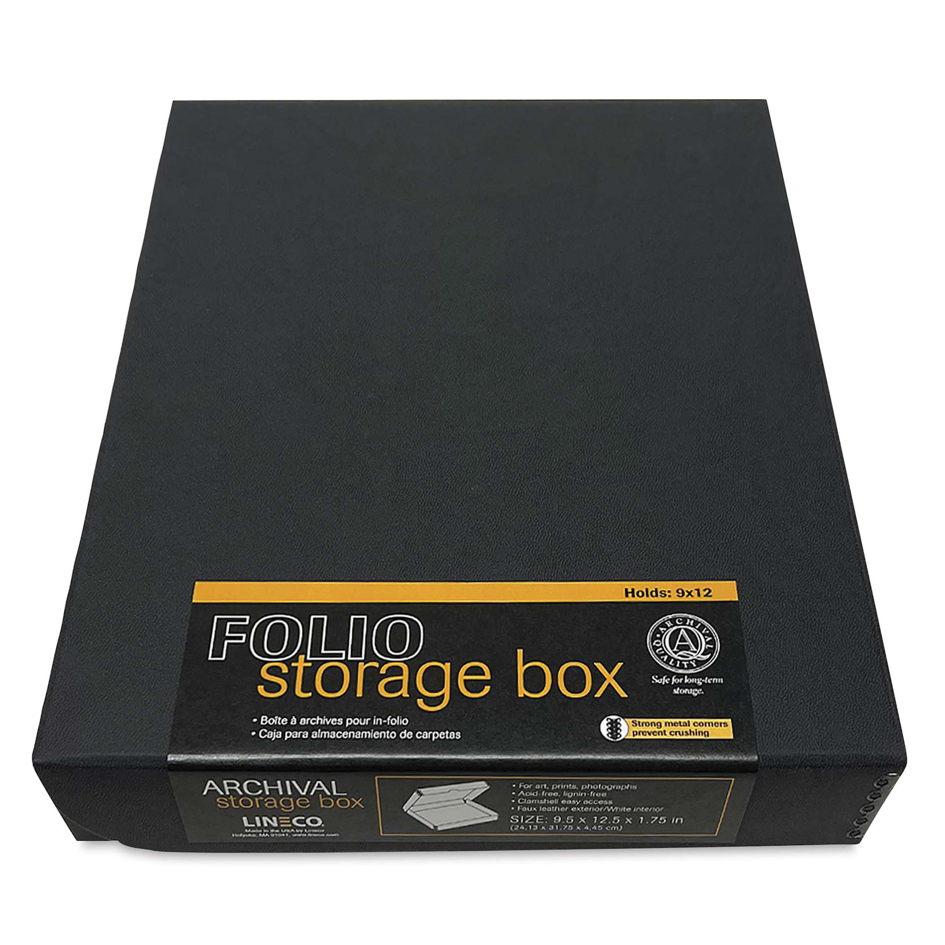 Lineco Folio Archival Storage Box - Black, Faux Leather, 9" x 12" with label