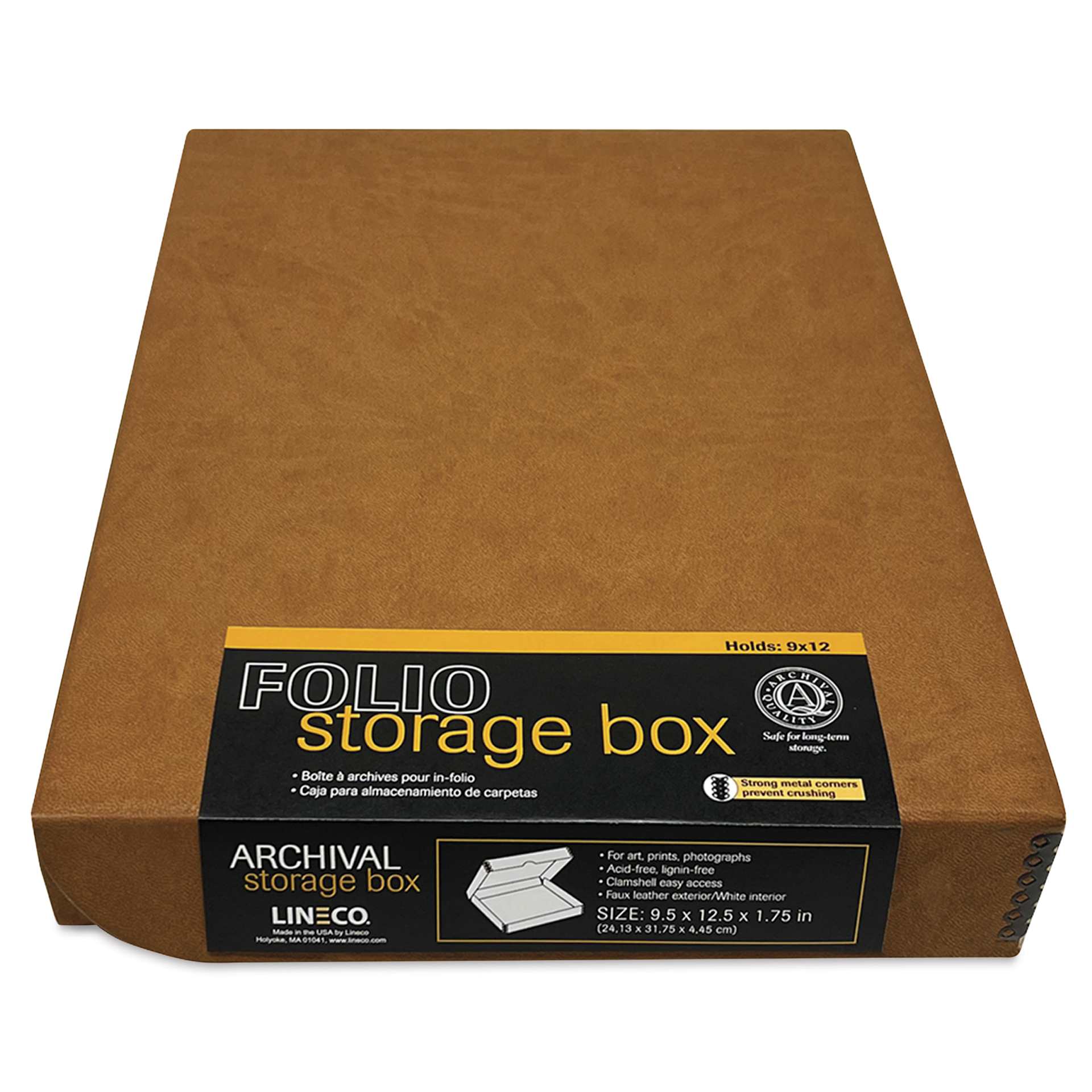 Lineco Folio Archival Storage Box - Tan, Faux Leather, 9" x 12" with label