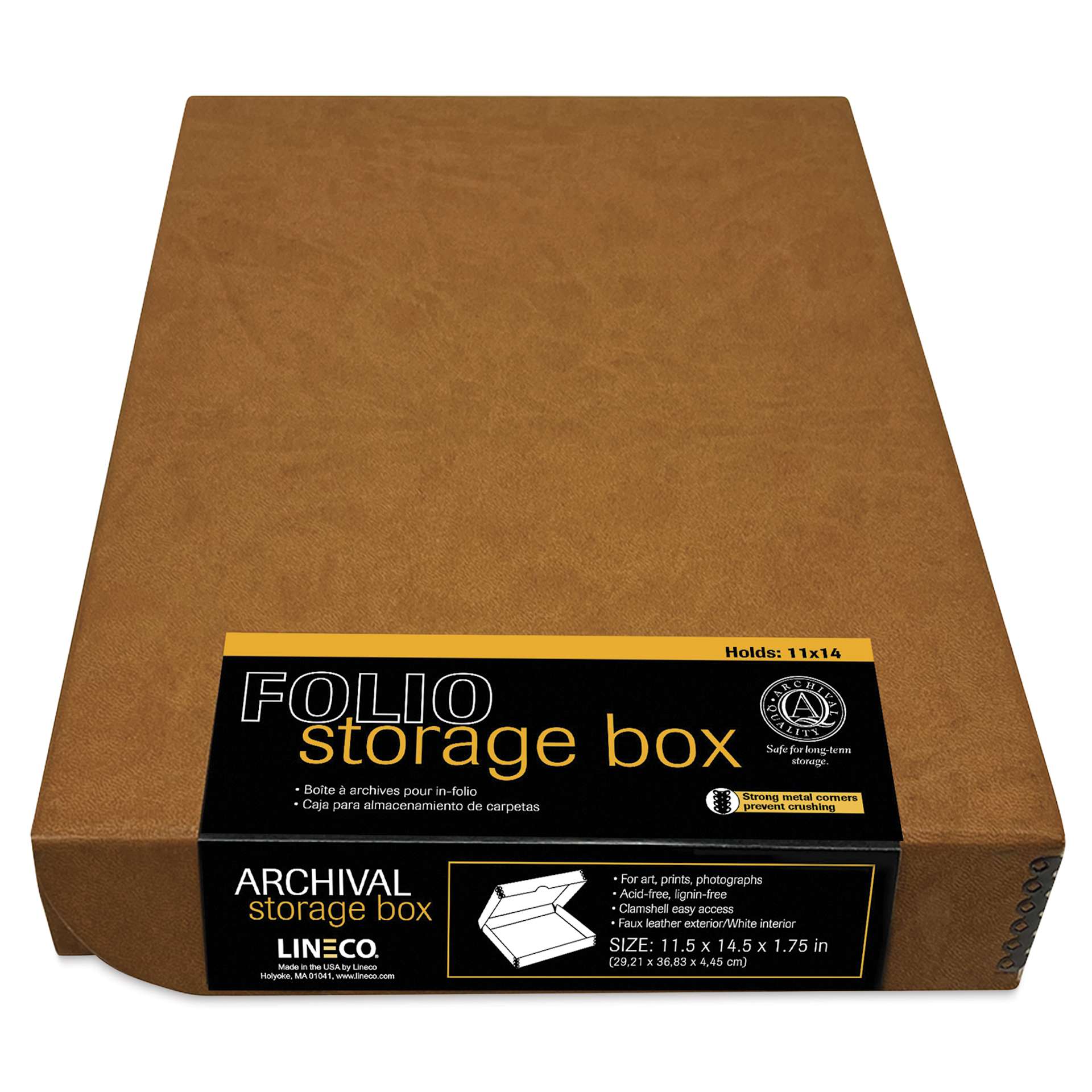Lineco Folio Archival Storage Box - Tan, Faux Leather, 11" x 14" with label