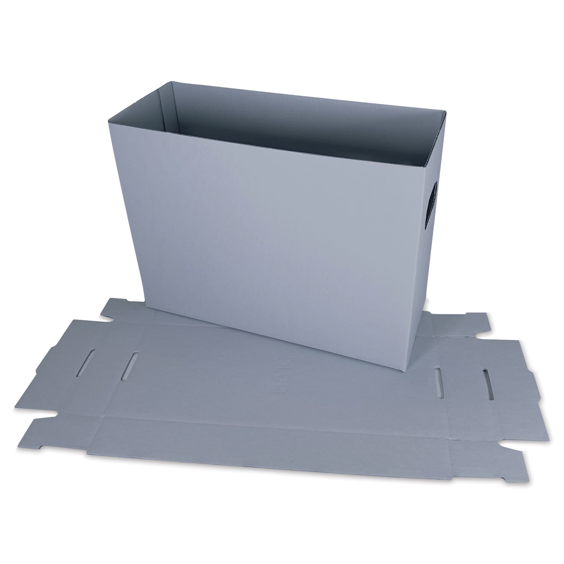 Lineco Archival Record Storage Box - Blue Gray, 6" x 15" x 10", on top of unassembled lid