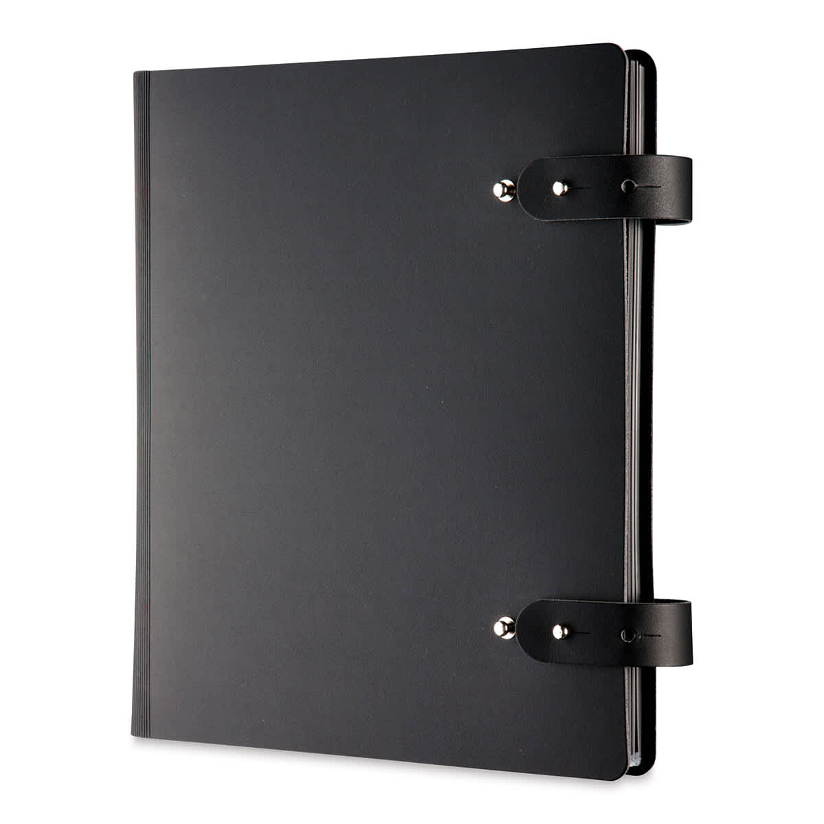 Prat Leather Spiral Presentation Book -  14" x 11", Double Tab Closure, Black, Portrait shown at an angle