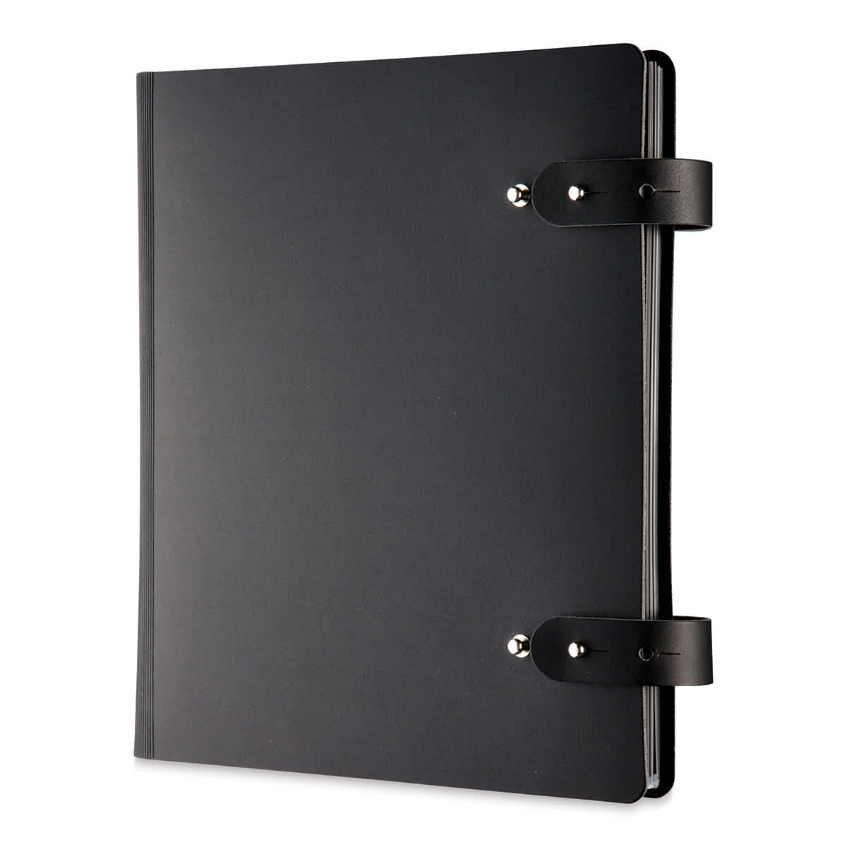 Prat Leather Spiral Presentation Book - 17" x 11", Double Tab Closure, Black, Portrait shown at an angle
