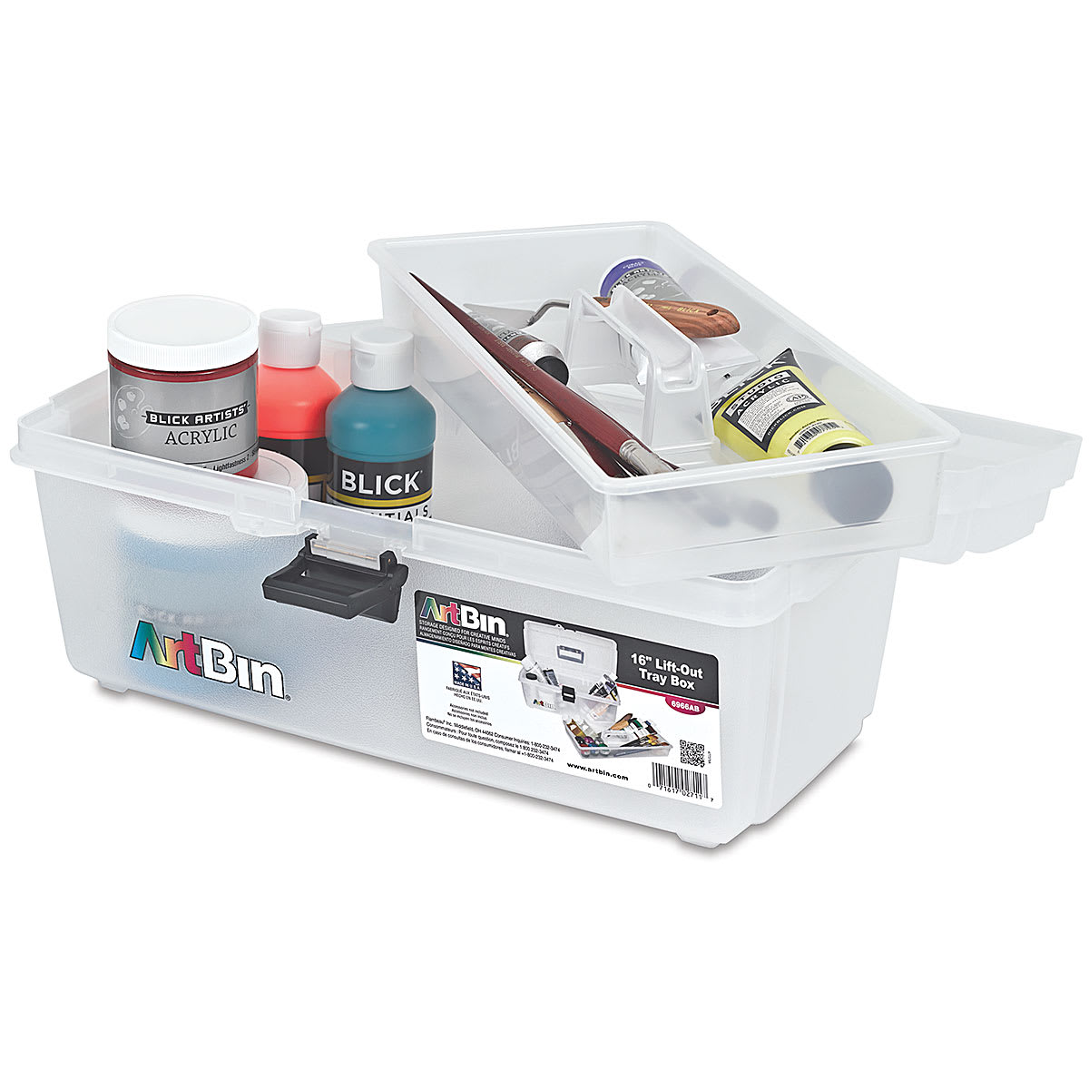 ArtBin Essentials Lift-Out Tray Boxes - 16" Long, Translucent Clear (box open with tray partially removed, supplies not included)