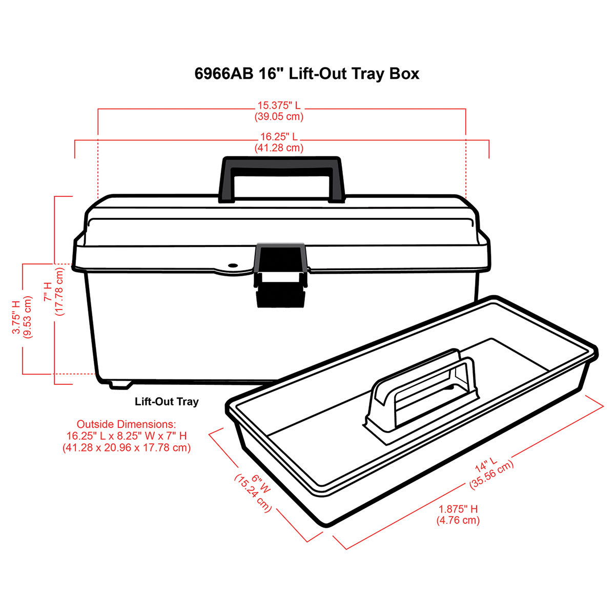 ArtBin Essentials Lift-Out Tray Boxes - 16" Long, Translucent Clear (illustration of box and tray with corresponding dimensions)