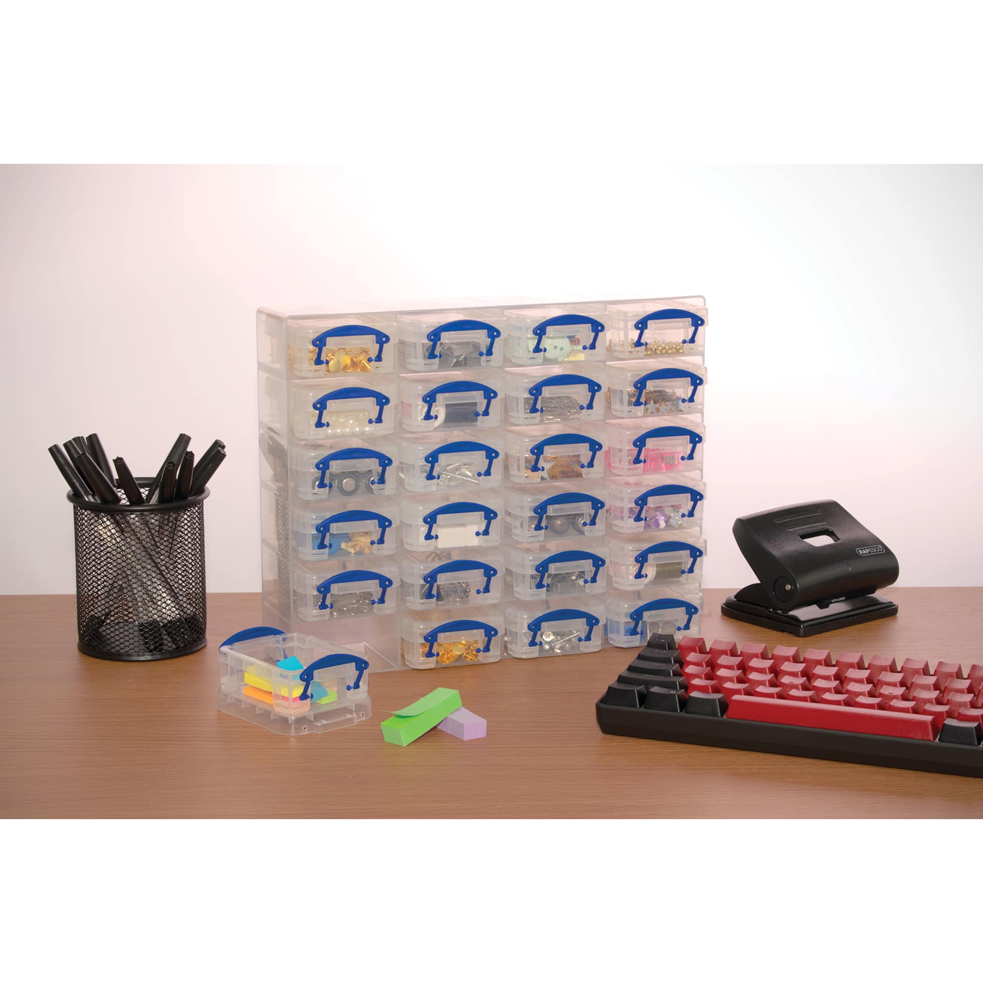 Desktop Craft Organizer - Clear, 24 Boxes on a desk with office supplies,  supplies not included