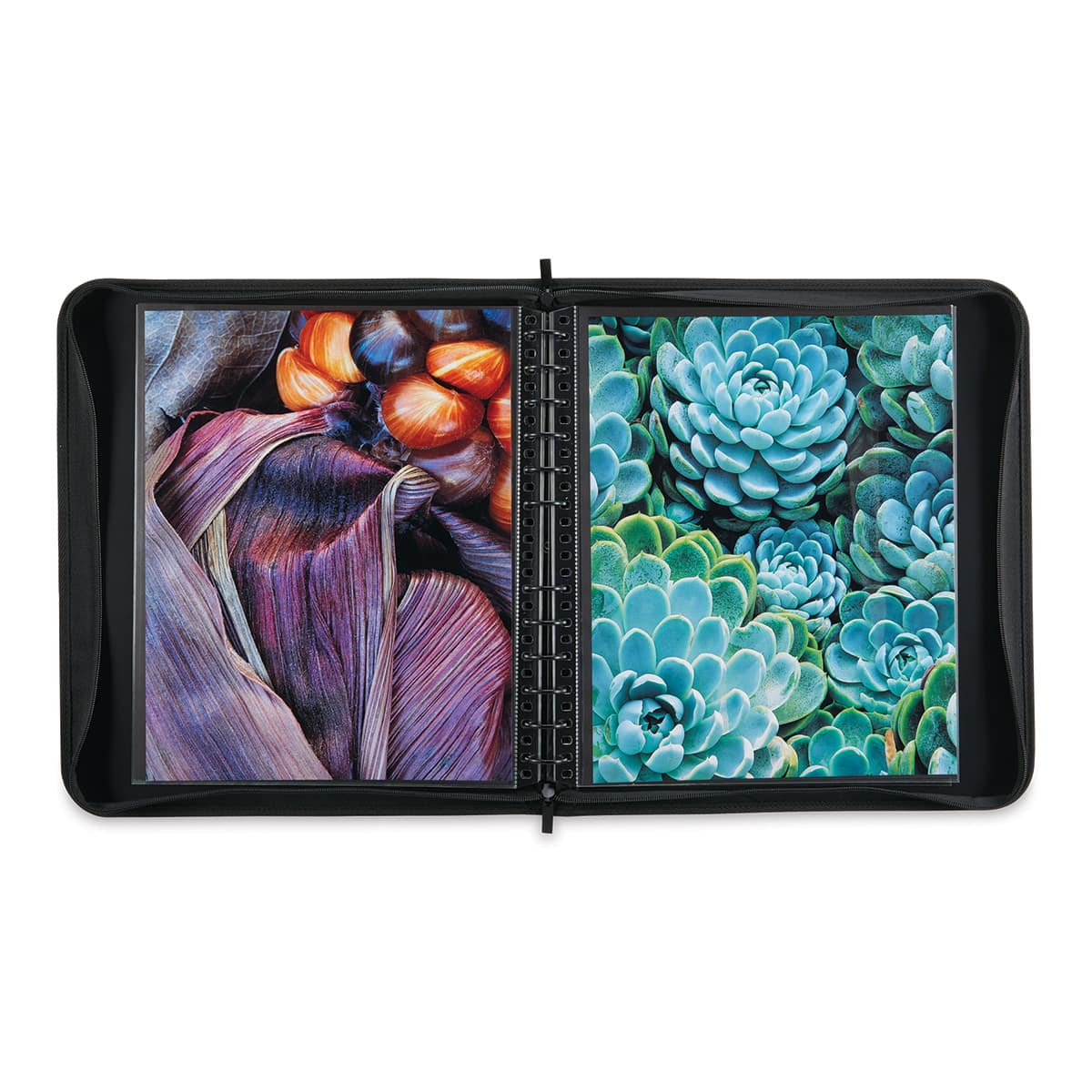 Itoya ProFolio Zipper Binder - Open binder showing artwork in protector sleeves