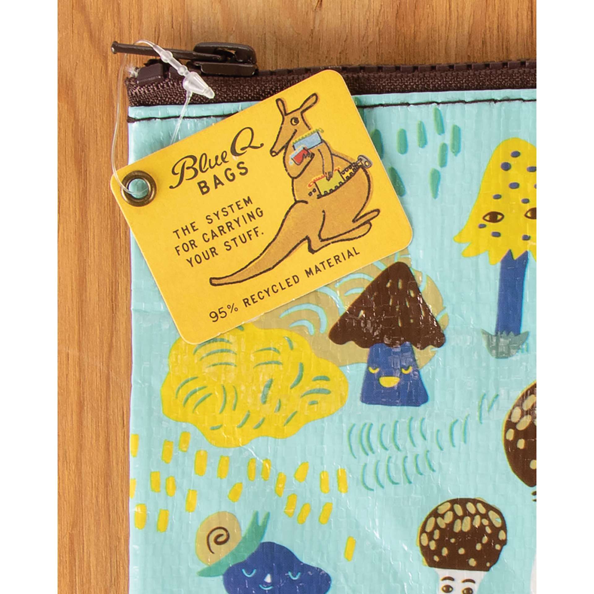 Blue Q Zipper Pencil Pouch - Cute Lil' Mushrooms, 9-1/2" x 7-1/4", close-up of product tag