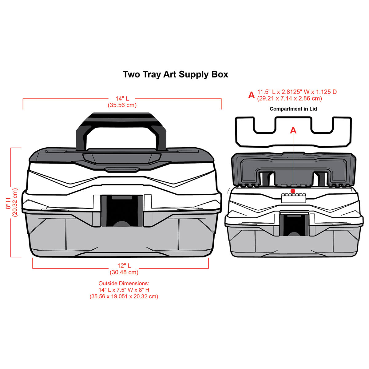ArtBin Essentials Box - Art/Craft Box, Two Trays (illustration of closed box with dimensions)