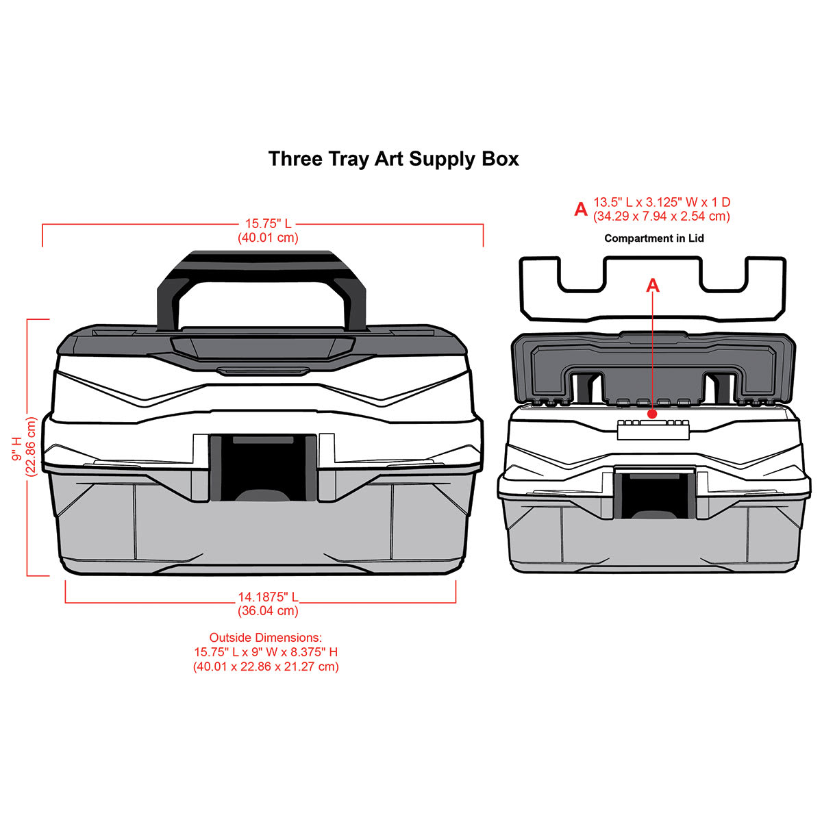 ArtBin Essentials Box - Art/Craft Box, Three Trays (illustration of closed box with dimensions)