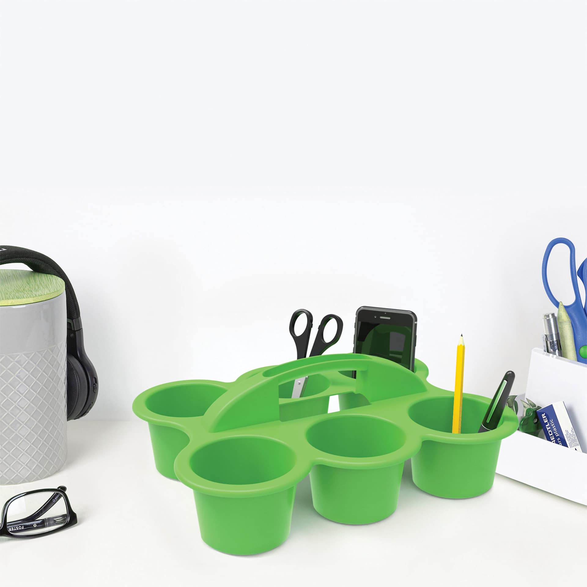 Storex 6-Cup Caddy - Set of 6, green caddy with assorted supplies