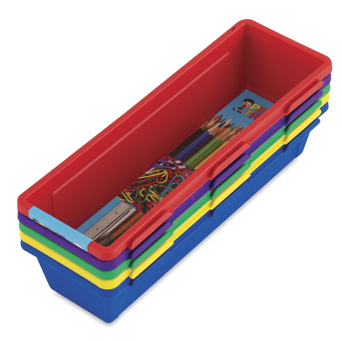 Storex Interlocking Trays - 5 trays stacked at an angle

