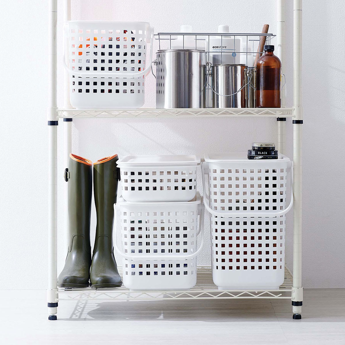 Like-It Modular Storage Baskets - Shown in use on a cart holding house hold supplies (not included)