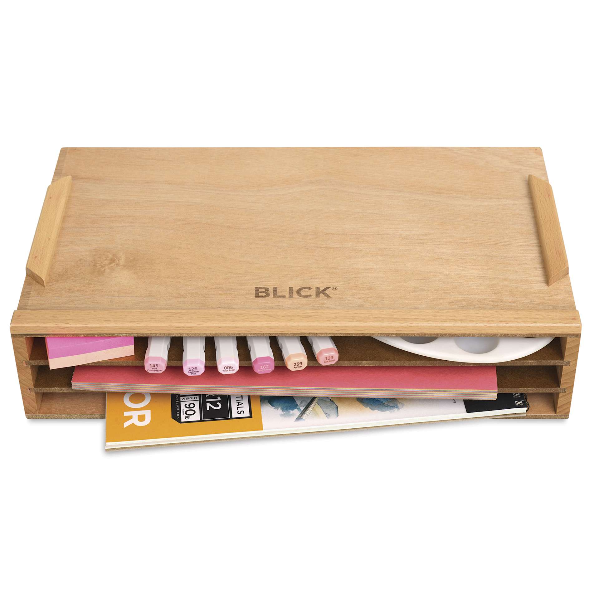 Blick Wooden Flat File Organizer, shown with art supplies (supplies not included)
