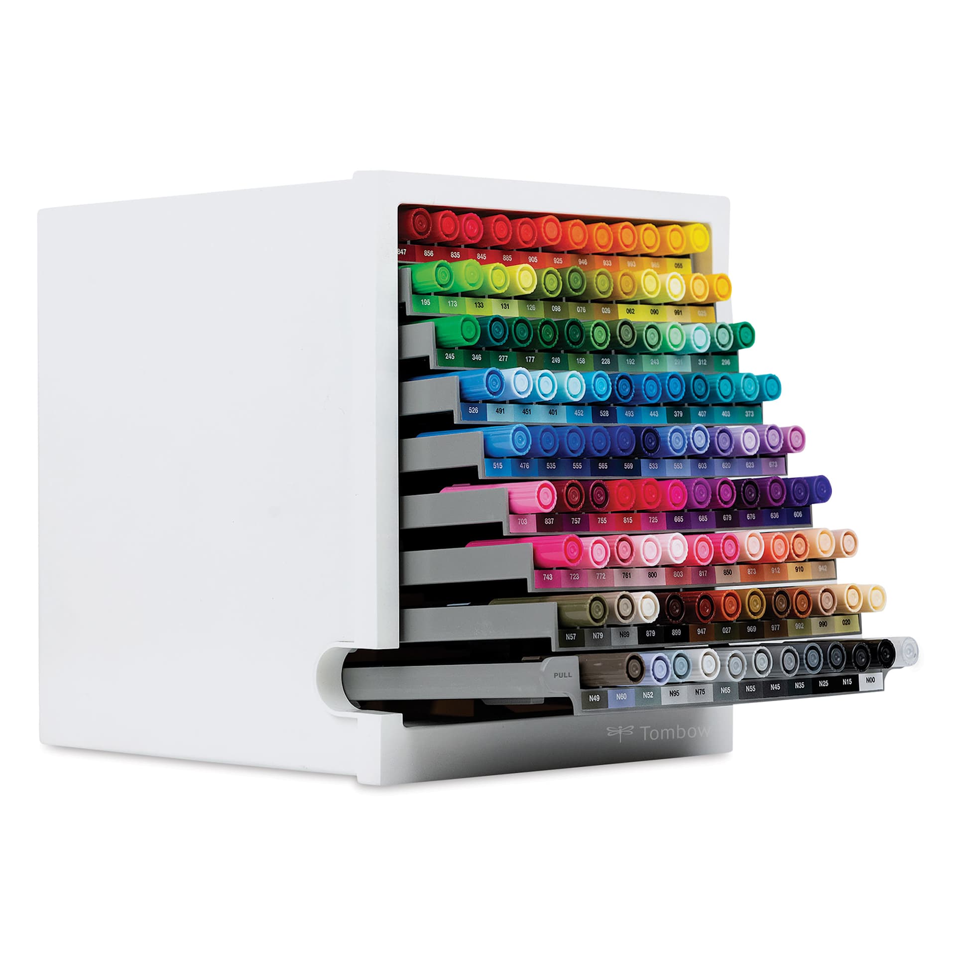 Tombow Marker Desktop Organizer (all slots filled, angled-view with terraced trays)