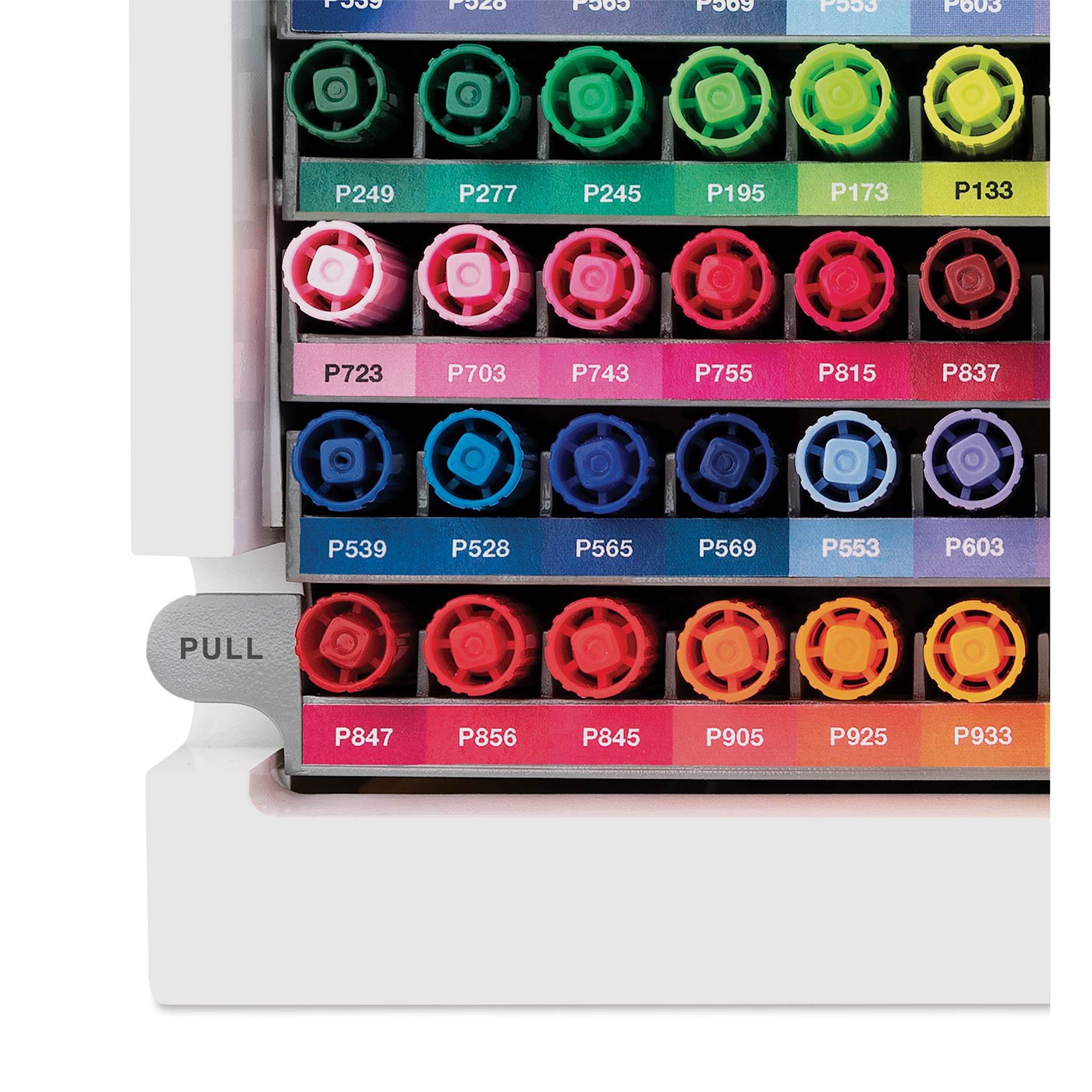 Tombow Marker Desktop Organizer (filled lower trays, close-up partial view)