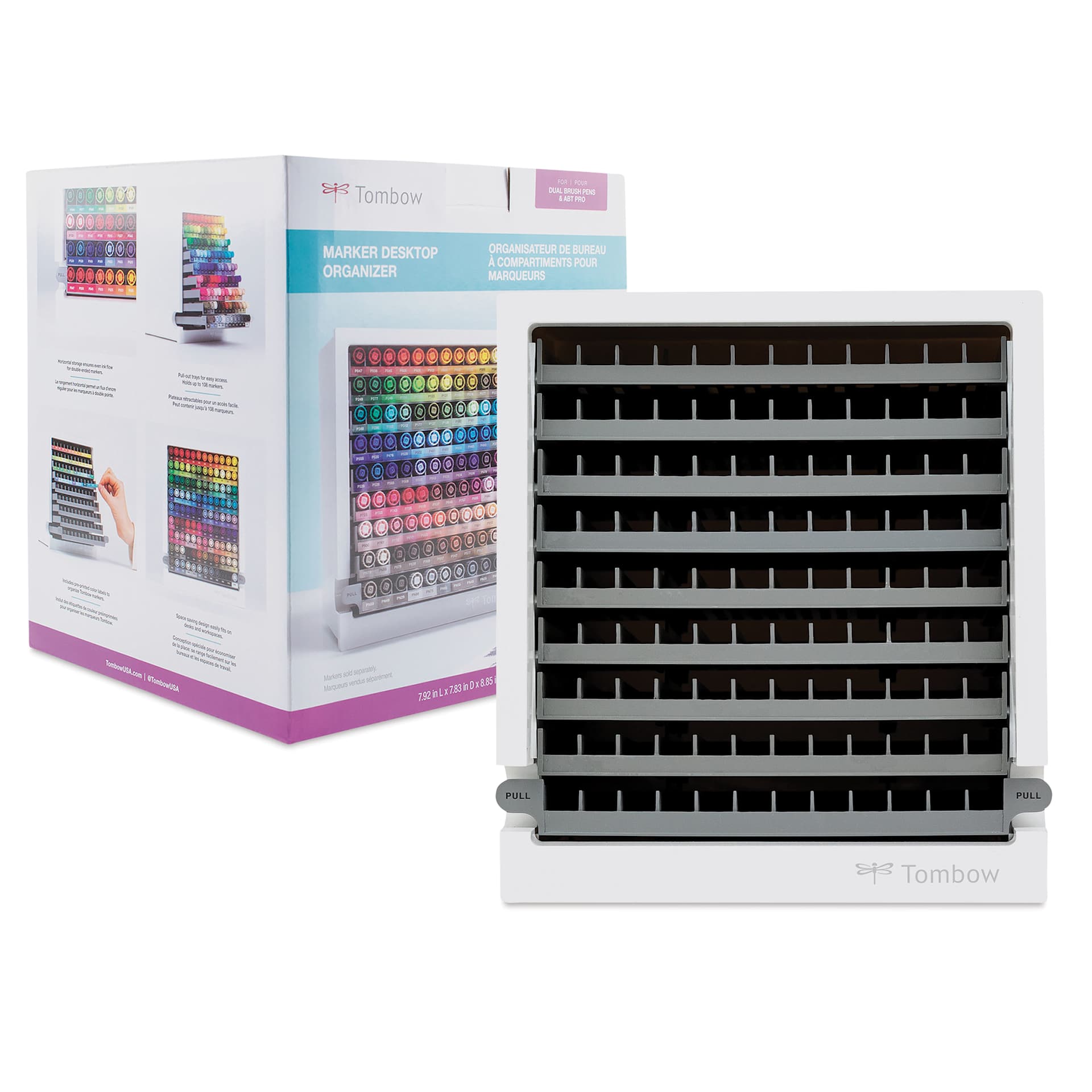 Tombow Marker Desktop Organizer (front of packaging, angled-view beside organizer with all slots empty, front-view)