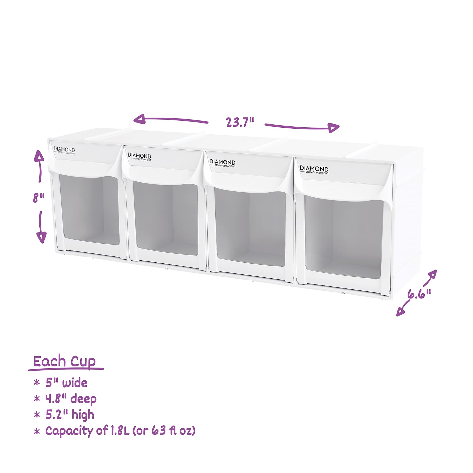 Diamond Storage Solutions - 4 Tip Out Bins, Full Width - with dimensions  