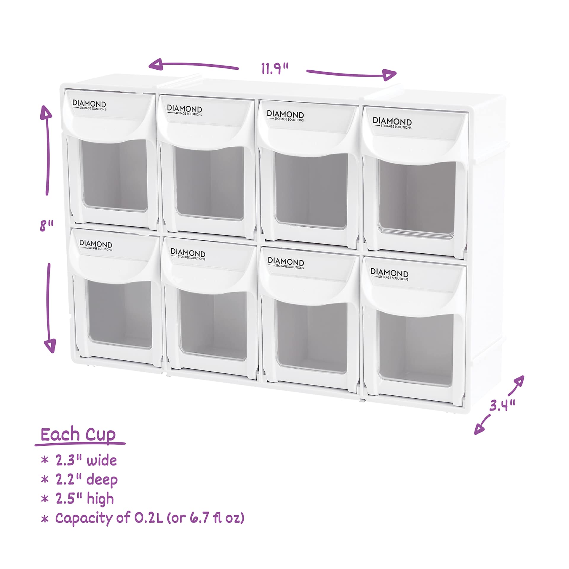 Diamond Storage Solutions - 8 Tip Out Bins, Half Width, with dimensions